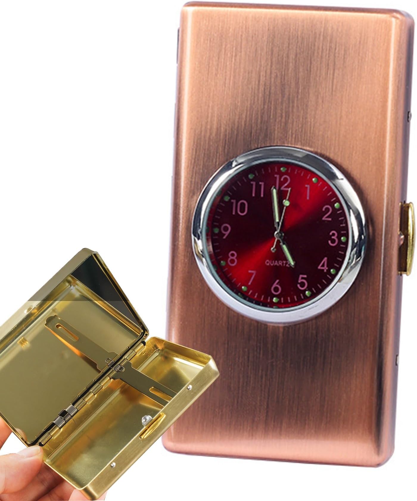 Cigarette Case with Clocks Makeup Mirror 9pcs Cigarettes Capacity Sided Spring Clip Open Pocket Holder(Rose Gold)