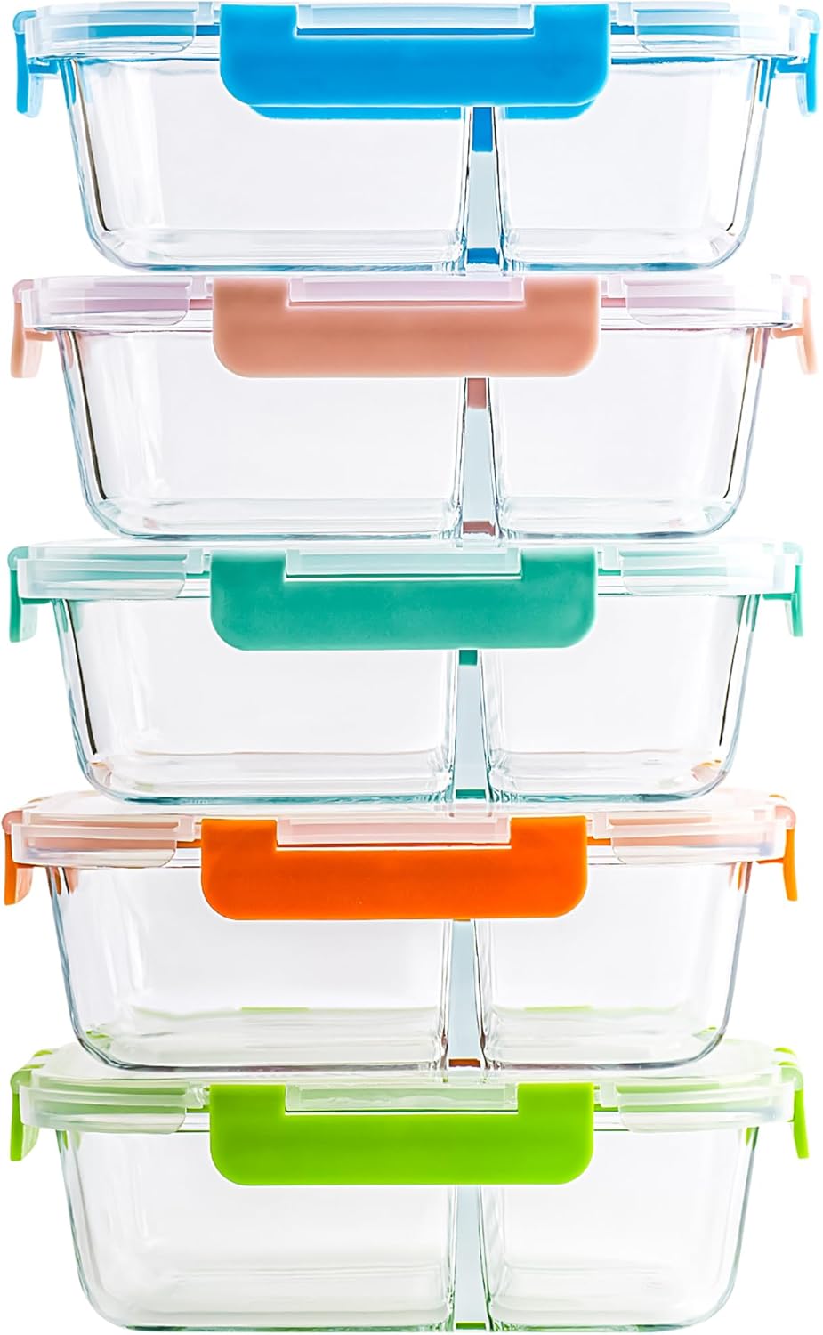 5-Pack,2 Compartment Glass Meal Prep Containers Set,34oz, Divided Food Storage Containers with Lids, Glass Lunch Box with 2 Dividers