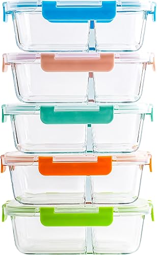 Juego de 5 recipientes de vidrio con 2 compartimentos, 34 onzas, recipientes divididos de almacenamiento de alimentos con tapas, lonchera de vidrio
