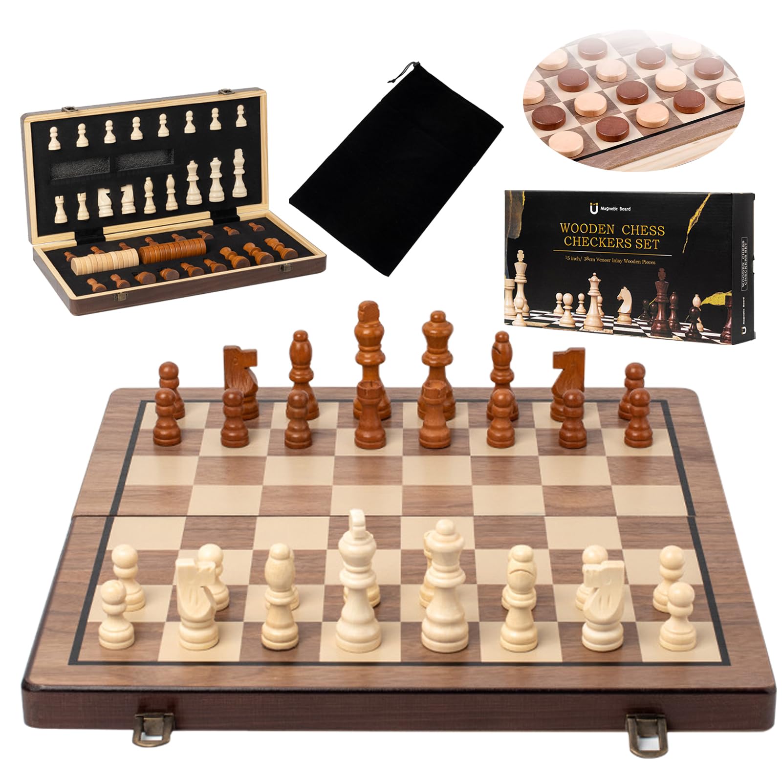 Wooden Magnetic Folding Travel Chess Board, 3 in 1 Chess Set, Portable Chess Board, Folding Magnetic Chess Set for Dinners and Other Game Events - 39cm x 39cm