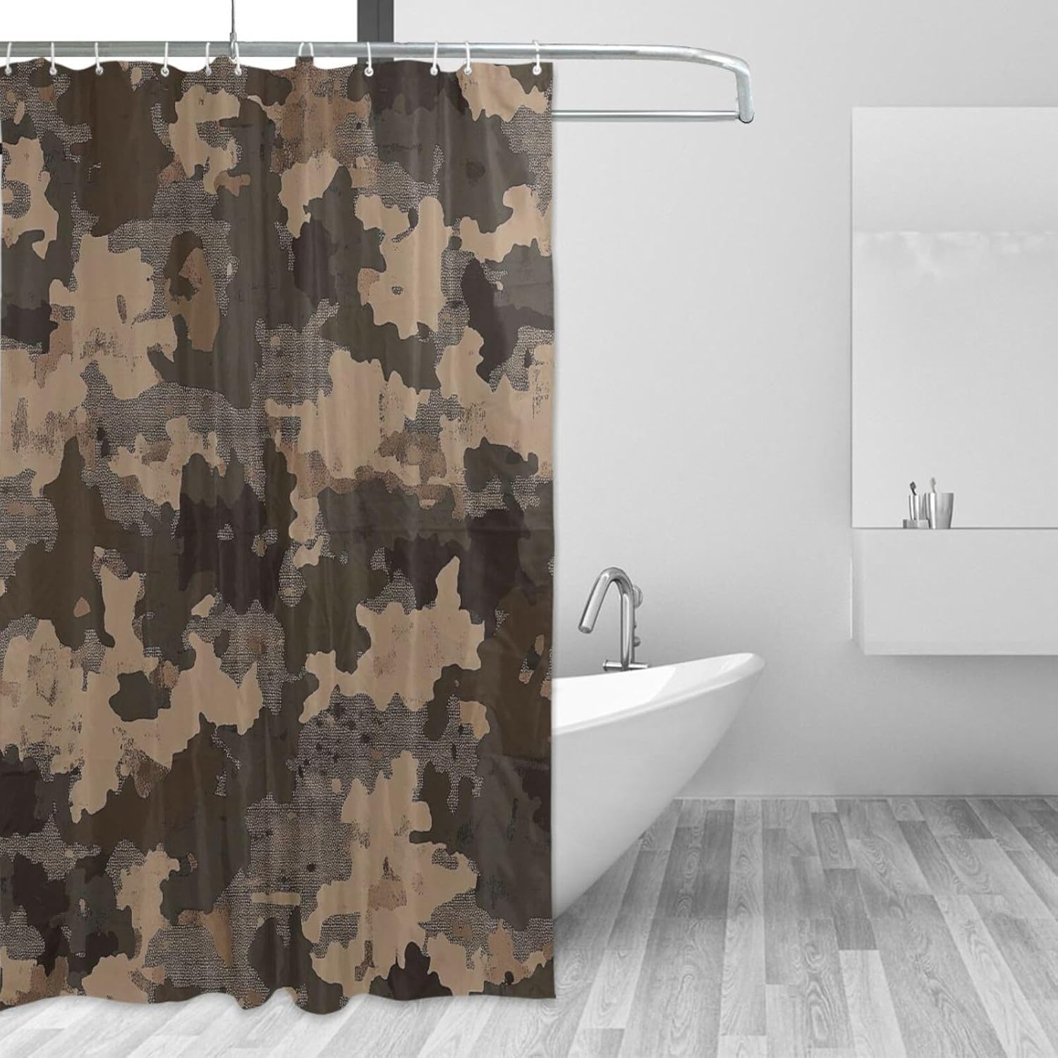 66x72 Inch Water Repellent Material Bathroom Curtain with Hook Camouflage Green Retro Polyester Long Washable Tub Curtain Liners for Tub