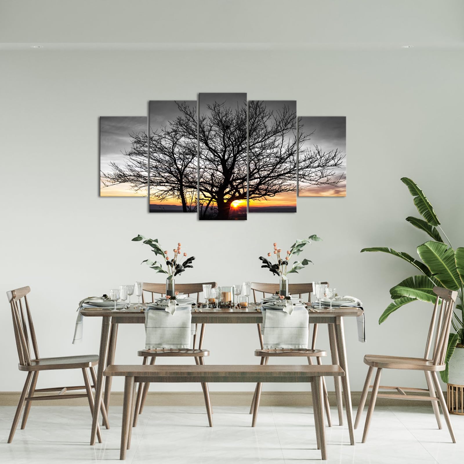 Artmyharbor Großer 5-teiliger schwarz-weißer Leinwanddruck Baum Wandkunst Gold Sonnenaufgang Bilder Gemälde Natur Landschaft Kunstwerk Zuhause Bauernhaus Wohnzimmer Schlafzimmer Büro Wanddekoration