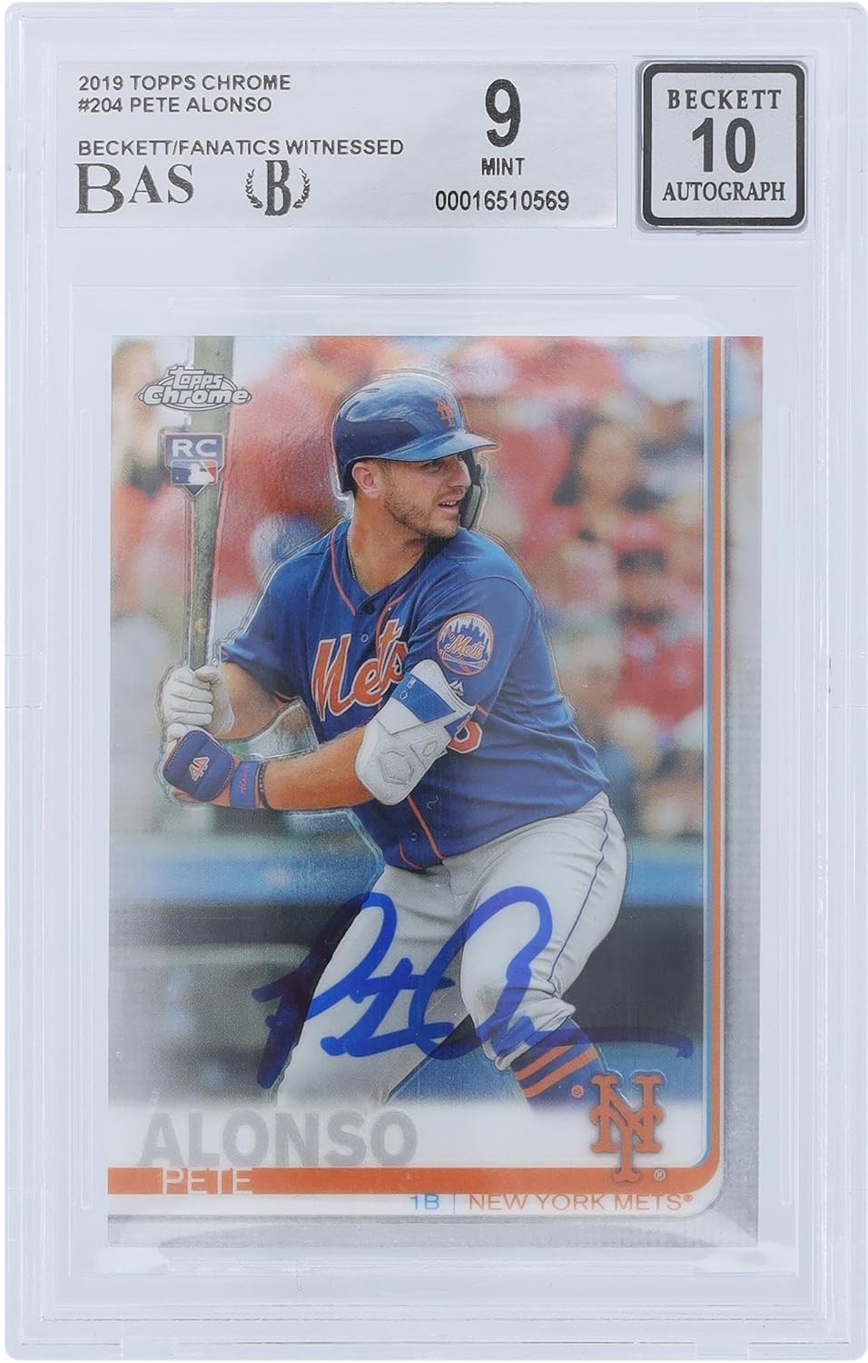 Pete Alonso New York Mets Autographed 2019 Topps Chrome #204 Beckett Fanatics Witnessed Authenticated 9/10 Rookie Card - Baseball Slabbed Autographed Cards