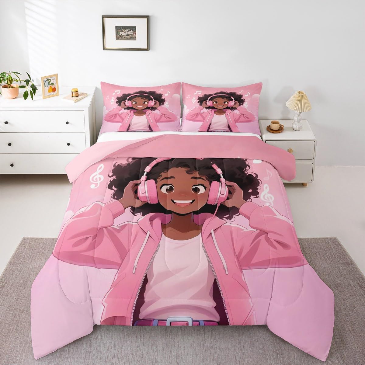 Erosebridal Music Black Girls Toddler Bedding Set,African Girl Comforter for Kids Boys Girls,Music Notes Duvet Insert Luxury,Afeican American Bed Set for All Season