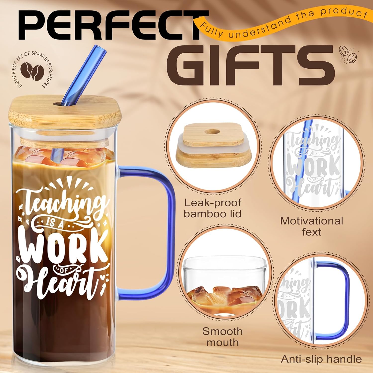 10 Pcs Teacher Appreciation Glass Cup Bulk 13.5 oz Square Thank You Teacher Jar with Handle Lid Straw Motivation Inspirational Glass Drinking Tumbler for Coworker Staff Team(Classic)