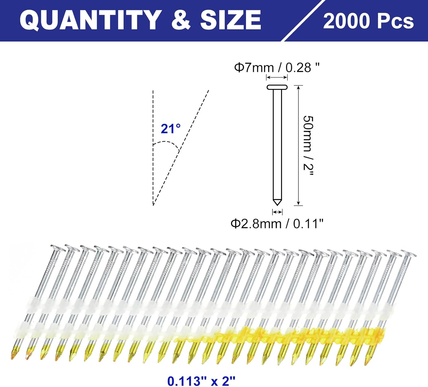uxcell 2000Pcs 21 Degree 0.113" x 2" Framing Nails, Galvanized Carbon Steel Plastic Collated Nails for Furniture/Constructions, Color Zinc