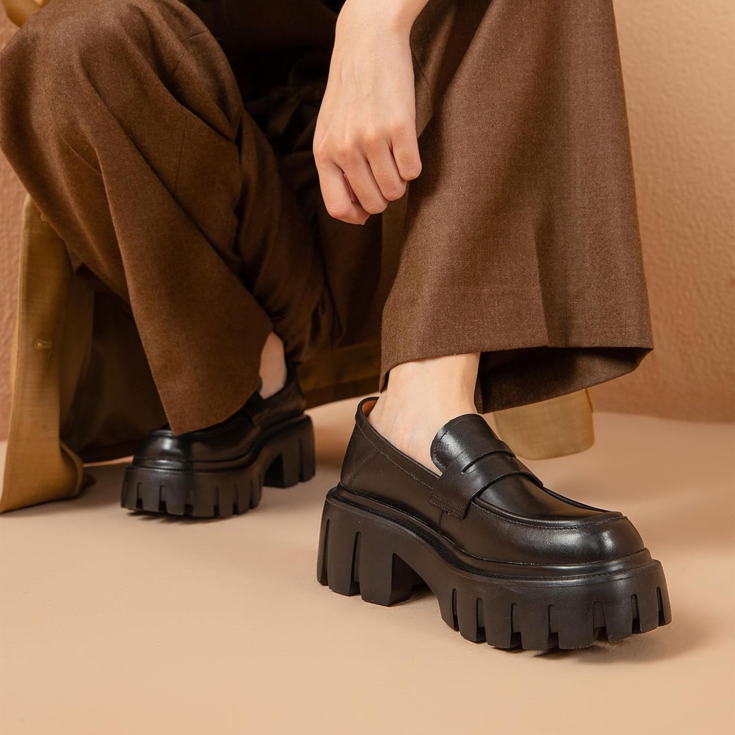 BEAU TODAY Chunky Loafers Women,Platform Loafers for Women,Lug Sole Slip On Leather Classic Penny Shoes,Comfortable Office Work Business Casual Dress Shoes - Image 3