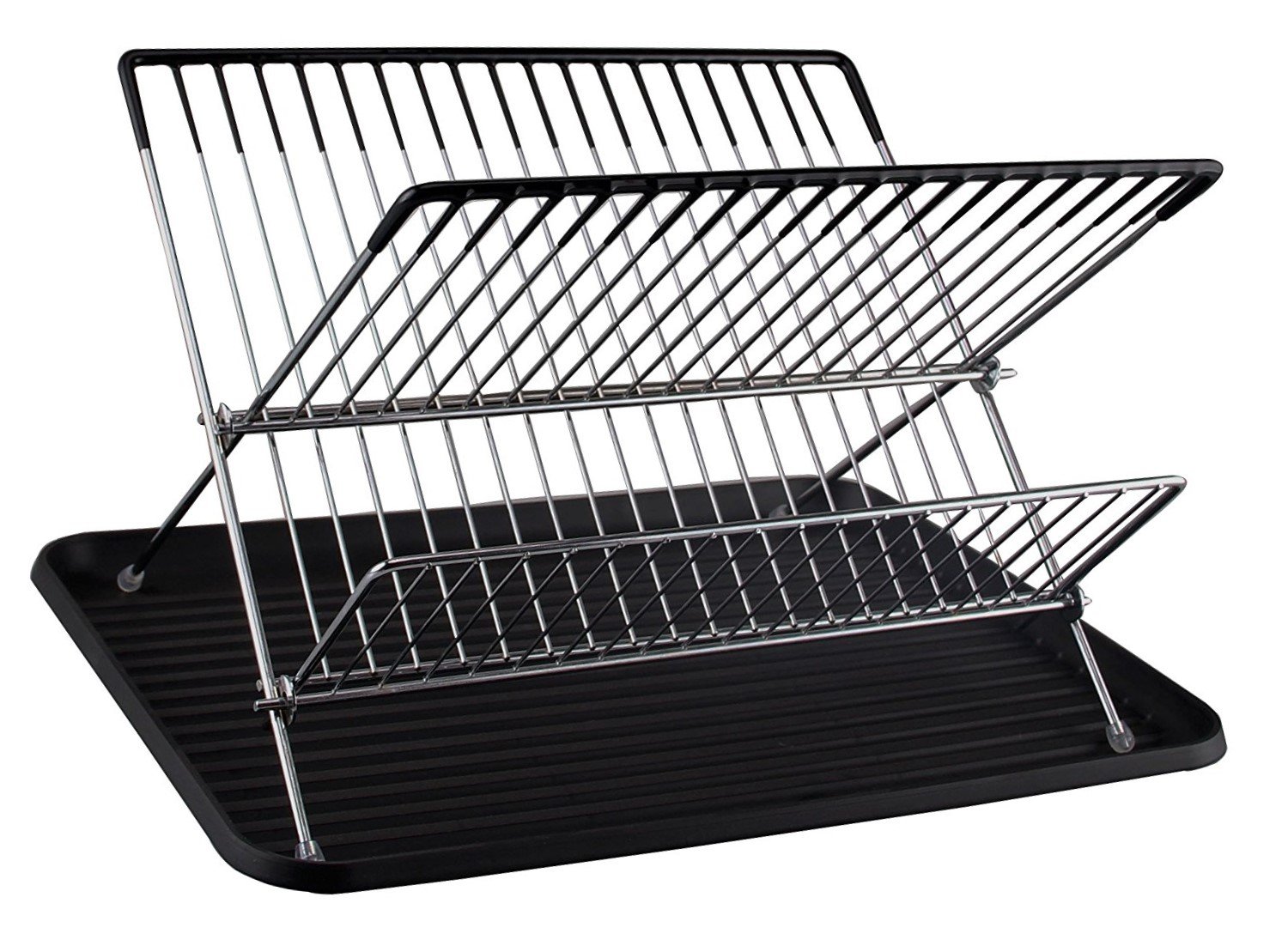 Cookspace Black Folding 2 Tier Chrome Plated Dish Drainer Drying Rack With Plastic Drip Tray