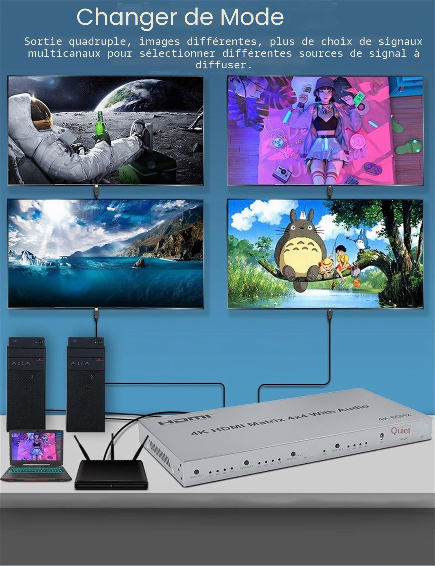 HDMI Matrix 4X4 4K @ 60Hz avec Extracteur Audio - Switcher 4 en 4 Out HDMI 2.0 - Sélecteur Splitter Support HDR HDCP2.2 EDID