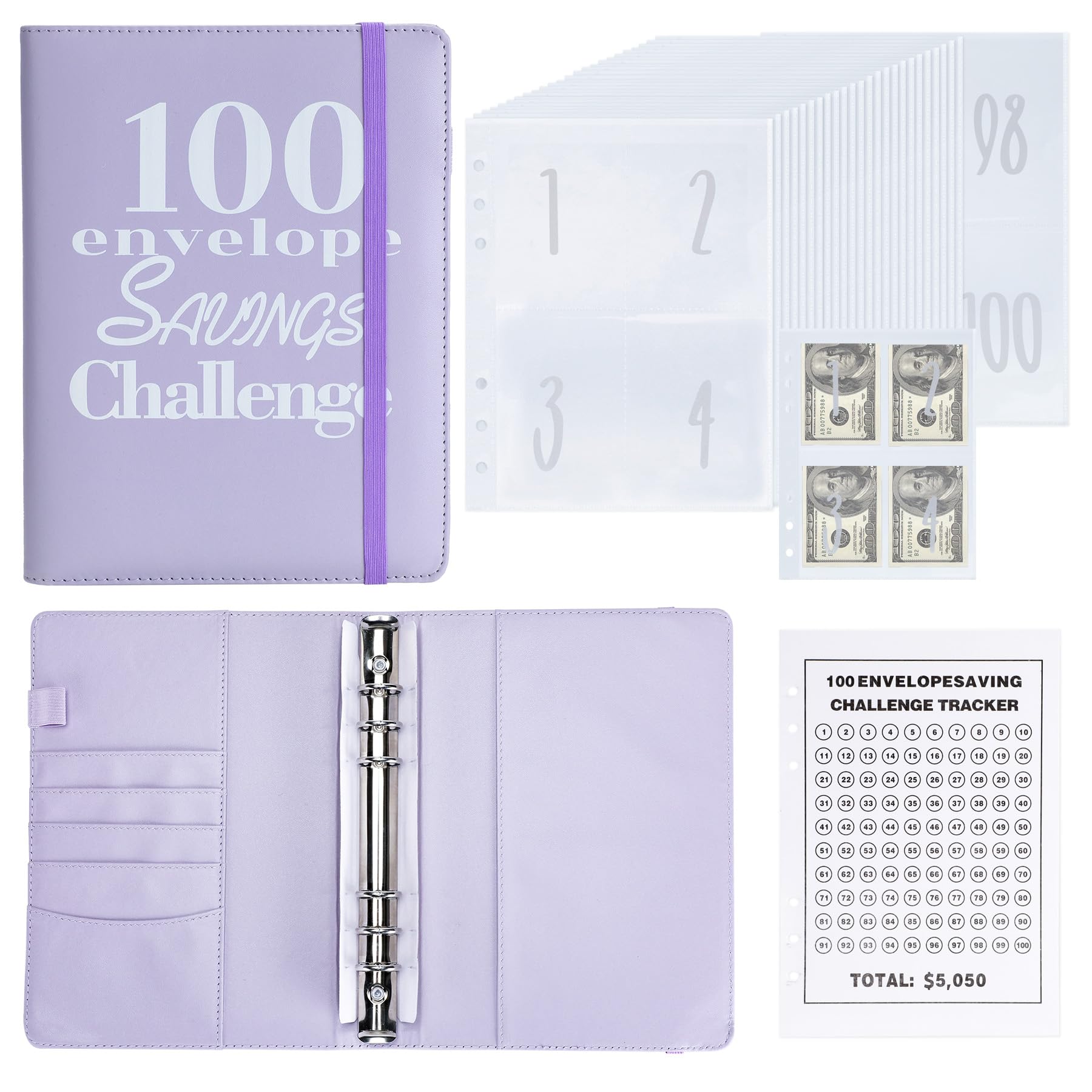 100 Envelopes Money Saving Challenge Money Saving Binder 100 Envelope Challenge Binder Savings Binder Envelope A5 Savings Challenge Book (Purple)