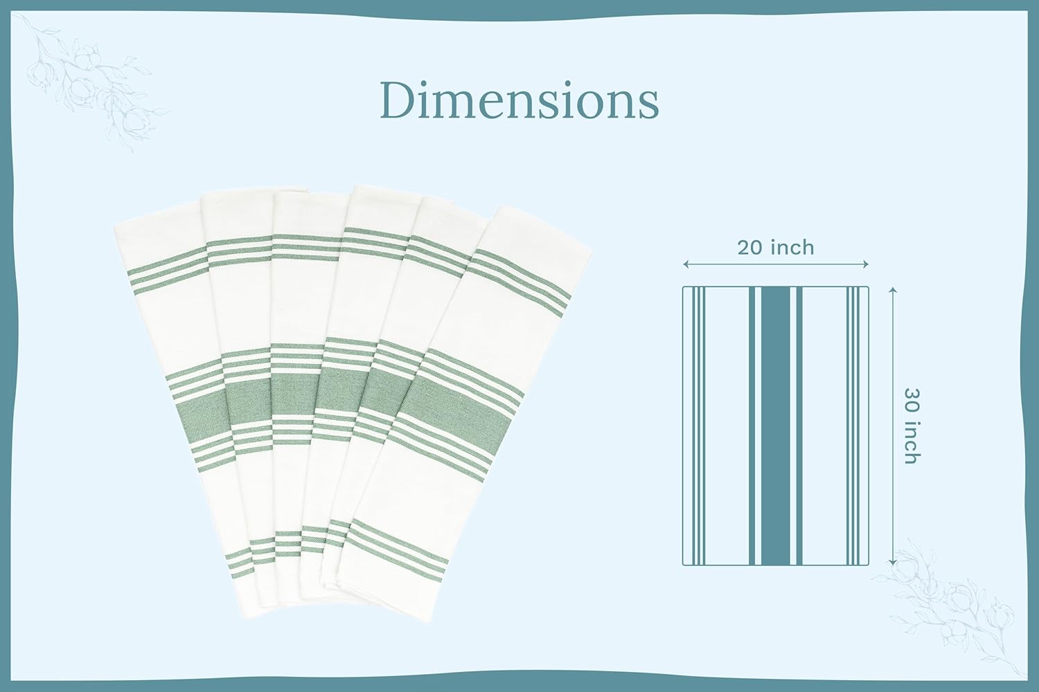 Sage Green Dish Towels - 100% Cotton Dish Towels - Highly Absorbent, Lint-Free, 6 Pack, 30"x20", Large Size Sage Striped Kitchen Towels with Hanging Loop - Washable and Durable Tea Towels (6 Pack)