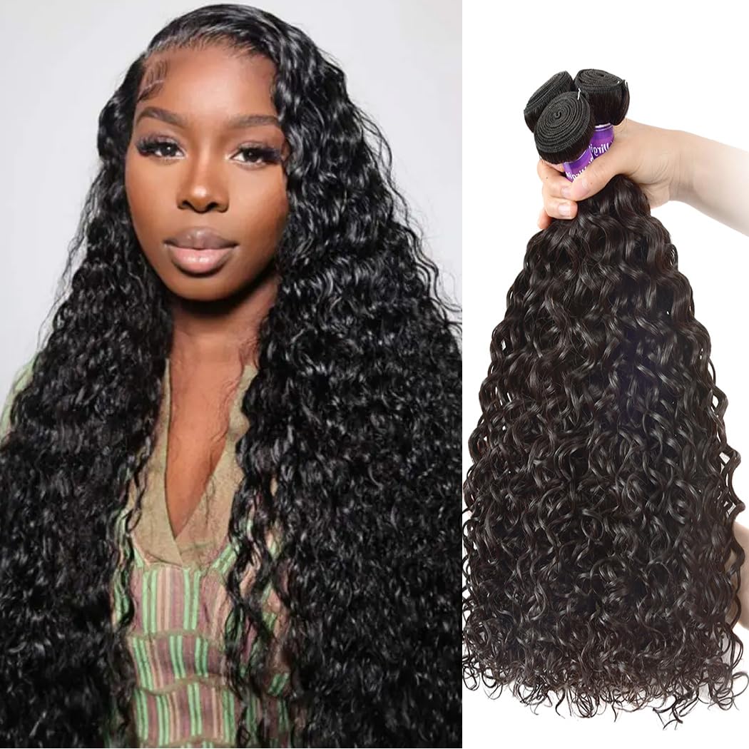 Water Wave Bundles Human Hair 100% Unprocessed Brazilian Virgin Hair Bundles Wet and Wavy 4 Bundles Human Hair Extensions for Black Women Natural Color (24 26 28 30)