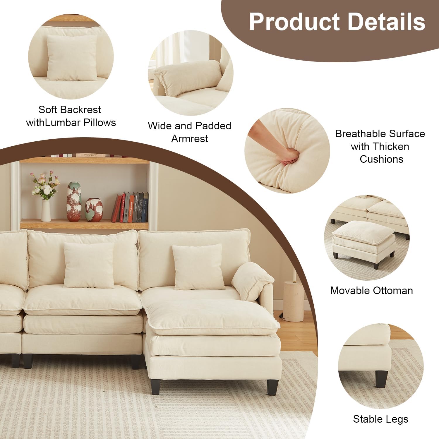 Modular Sectional Sofa, 108” Comfy Cloud Couch with Movable Ottoman | Charging Station | Side Pocket | Throw Pillow, Modern L-Shaped Couches for Living Room, Chenille, Beige