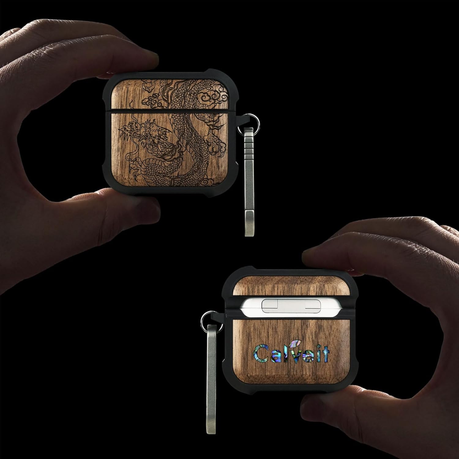 Carveit Wooden Case for AirPods 4 Case (2024) (USB-C) 4th Generation, Wood Artisan Engraved & TPU Shockproof Cover, Titanium Quick Released Clasp (Majestic Chinese Dragon) Walnut