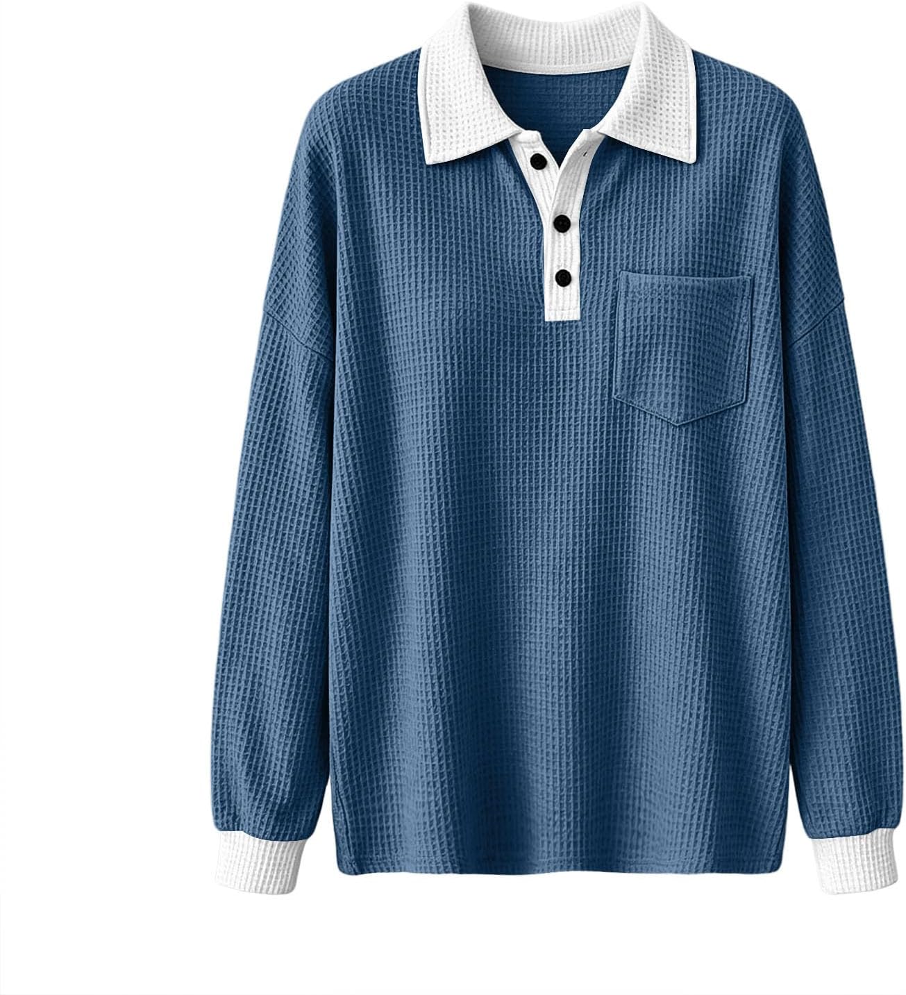Women Waffle Color Block Collar Shirt Button Henley Long Sleeve Top