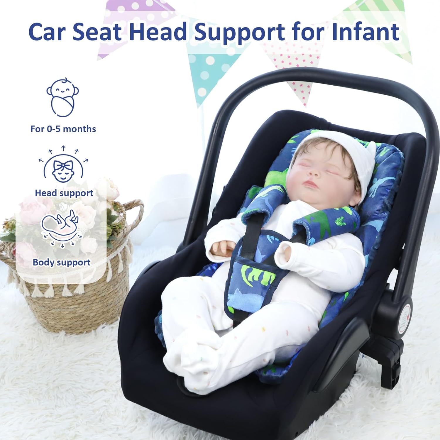 TANOFAR Car Seat Head Support Baby - Infant Car Seat Insert for Newborn Girls Boys - Soft Carseat Head Support for Infant - Newborn Carseat Insert for Car Seats, Strollers, Swings, Bouncer (Dinosaur)