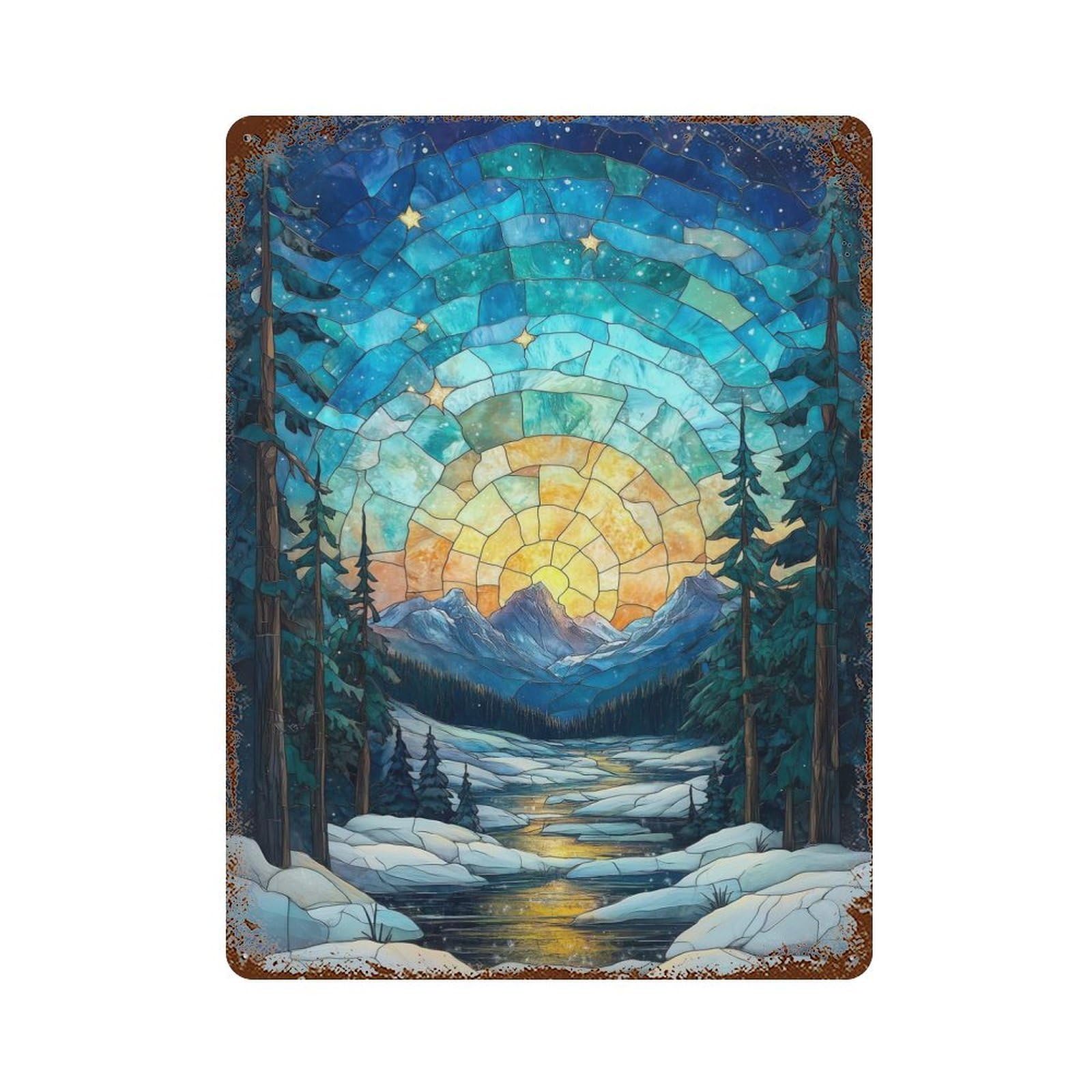 Distressed Metal Wall Sign with Stained Glass Mountain Sunset Design 15.7"x11.8", for Farmhouse, Kitchen And Entryway Decor, Old School Wall Decor