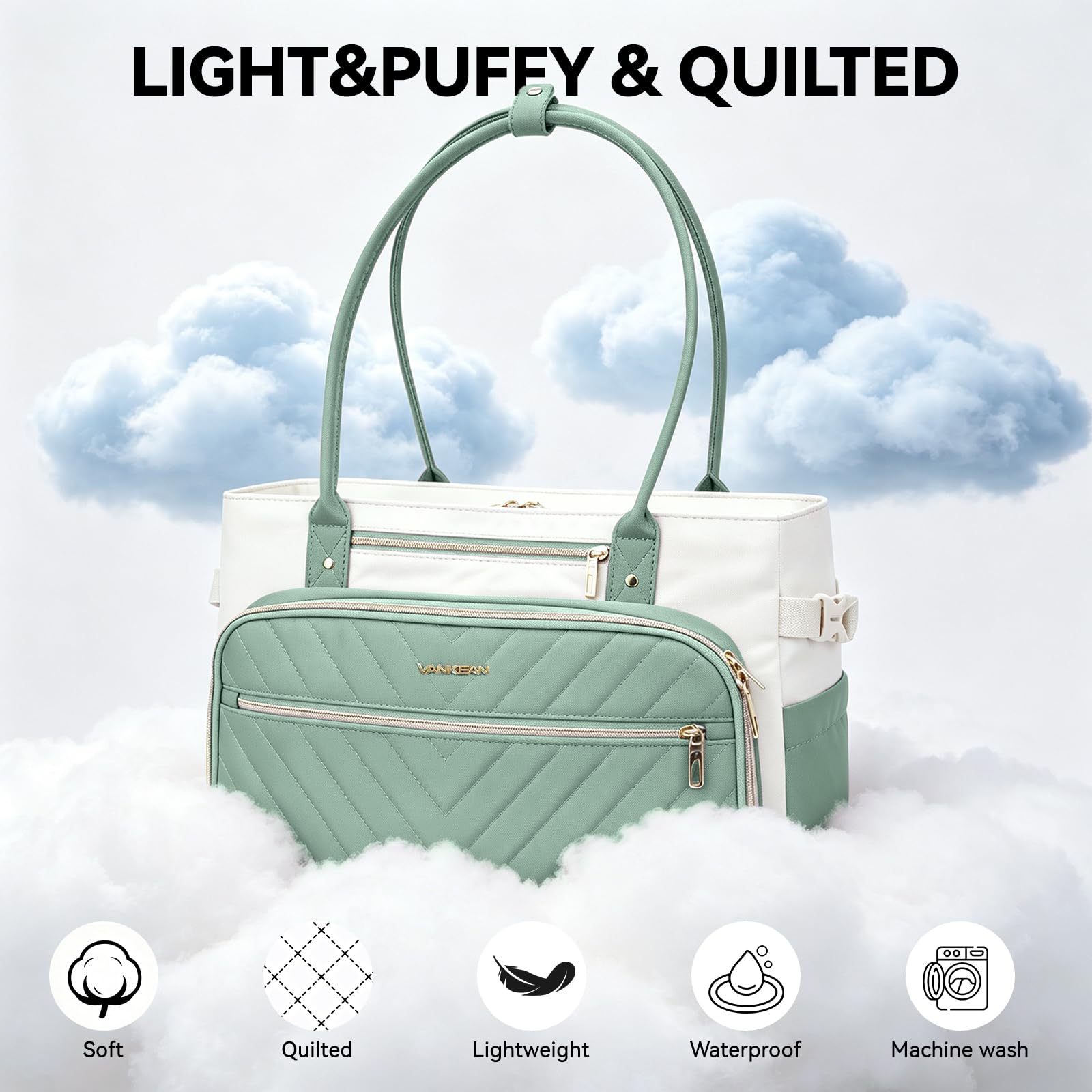 VANKEAN Borsa per laptop da donna, 15,6 pollici, borsa da lavoro impermeabile, borsa a tracolla per computer, borsa grande per lavoro, viaggi d'affari, beige/verde chiaro