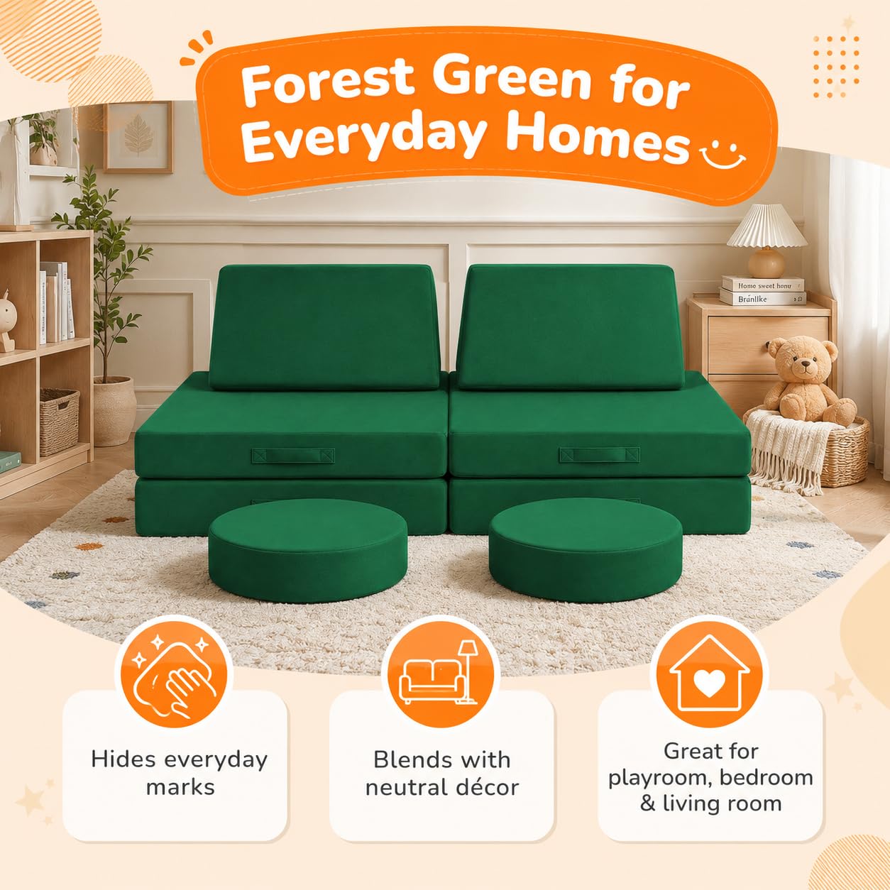 MeMoreCool Kids Couch, Forest Green Modular Foam Play Couch, Ages 3+ — Amazon image 4