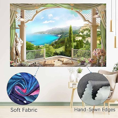 Miniatura 7 de NTERC Tapiz de naturaleza con vista al balcón, verano, exuberante bosque, montaña, paisaje, para colgar en la pared, 80 x 60 pulgadas, isla