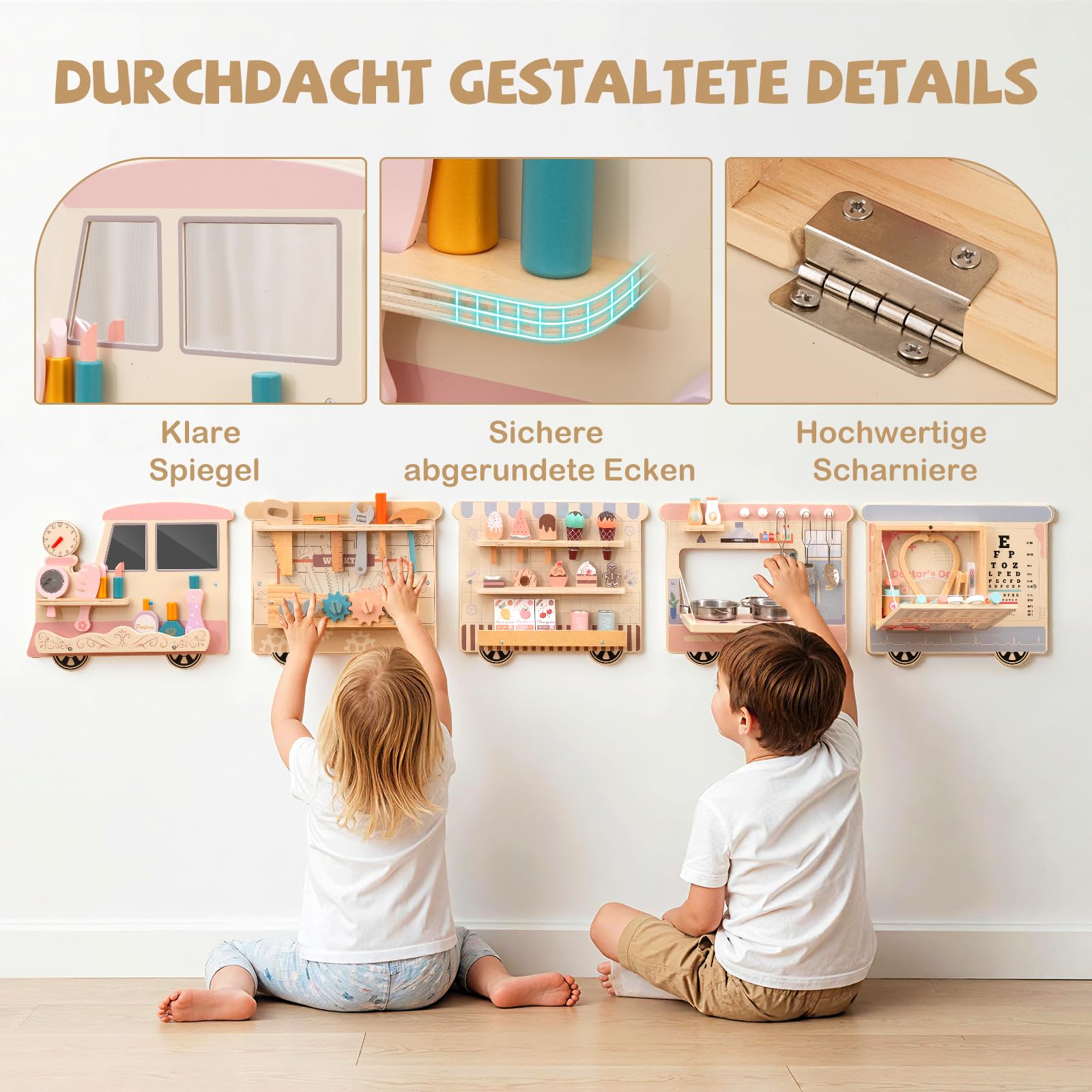 COSTWAY Montessori Motorikbrett, 5-in-1 Busy Board mit Schminkset, Werkzeugkasten, Spielküche, Arztset & Eisdiele, Sensorik Motorikbrett Holz, Montessori Spielzeug für Kinder ab 1 Jahr