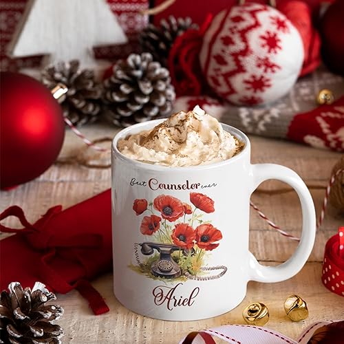 Miniatura 5 de Taza de café personalizada con el texto "Best Counselor Ever", taza de té personalizada con nombre, flores de amapola con línea fija vintage, taza