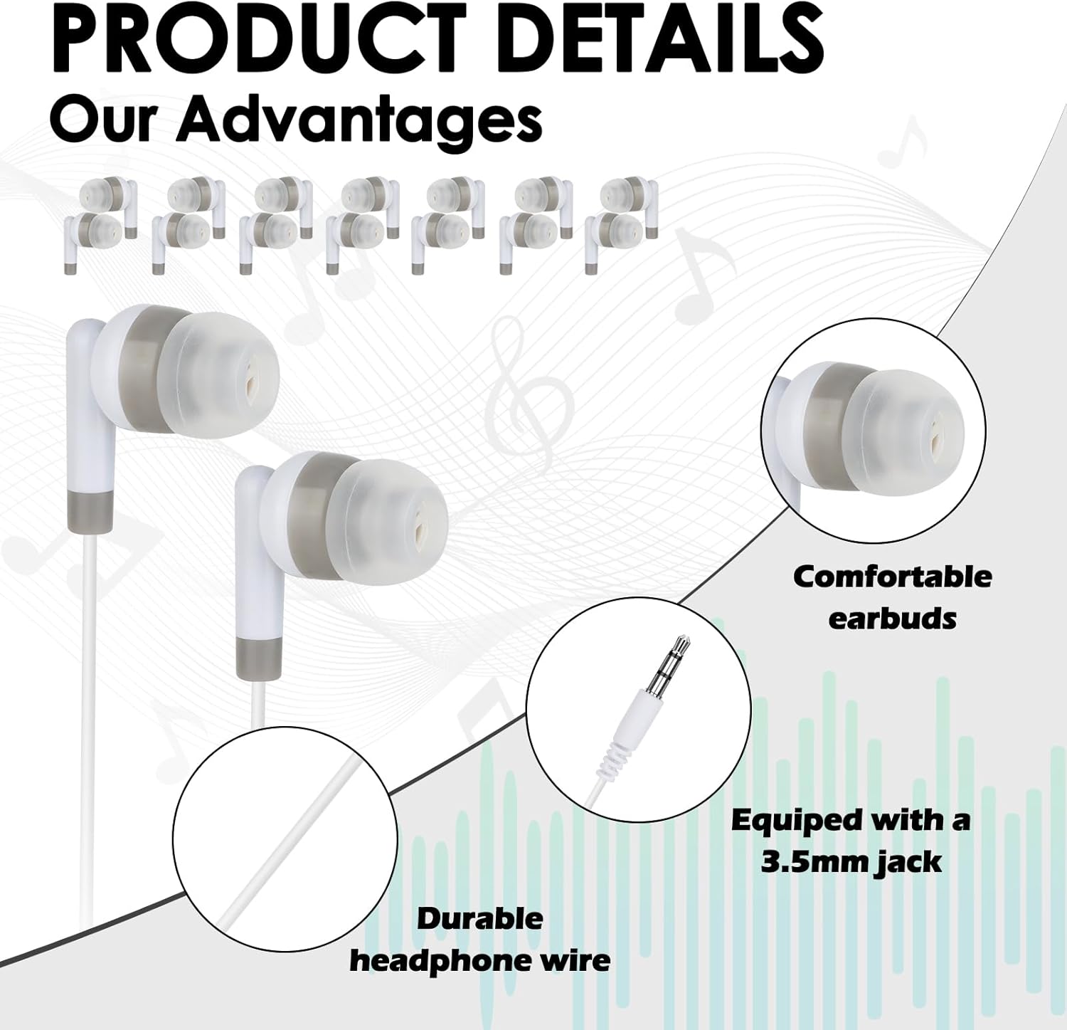 Kids Bulk Earbuds for Classroom School 100 Pack Wholesale Students Wired Earphones 3.5mm Perfect for School Classroom Libraries (White)