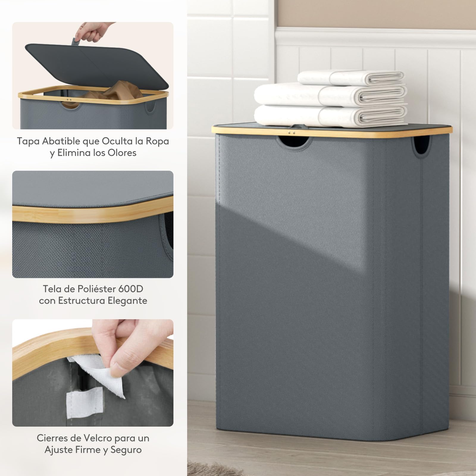 Lifewit 170L Cesto Ropa Sucia con Tapa, Grande Cesta para la Ropa Sucia con 3 Compartimientos y 3 Bolsas, Cubo Ropa Sucia para Dormitorio, Baño y Lavadero, Gris Claro