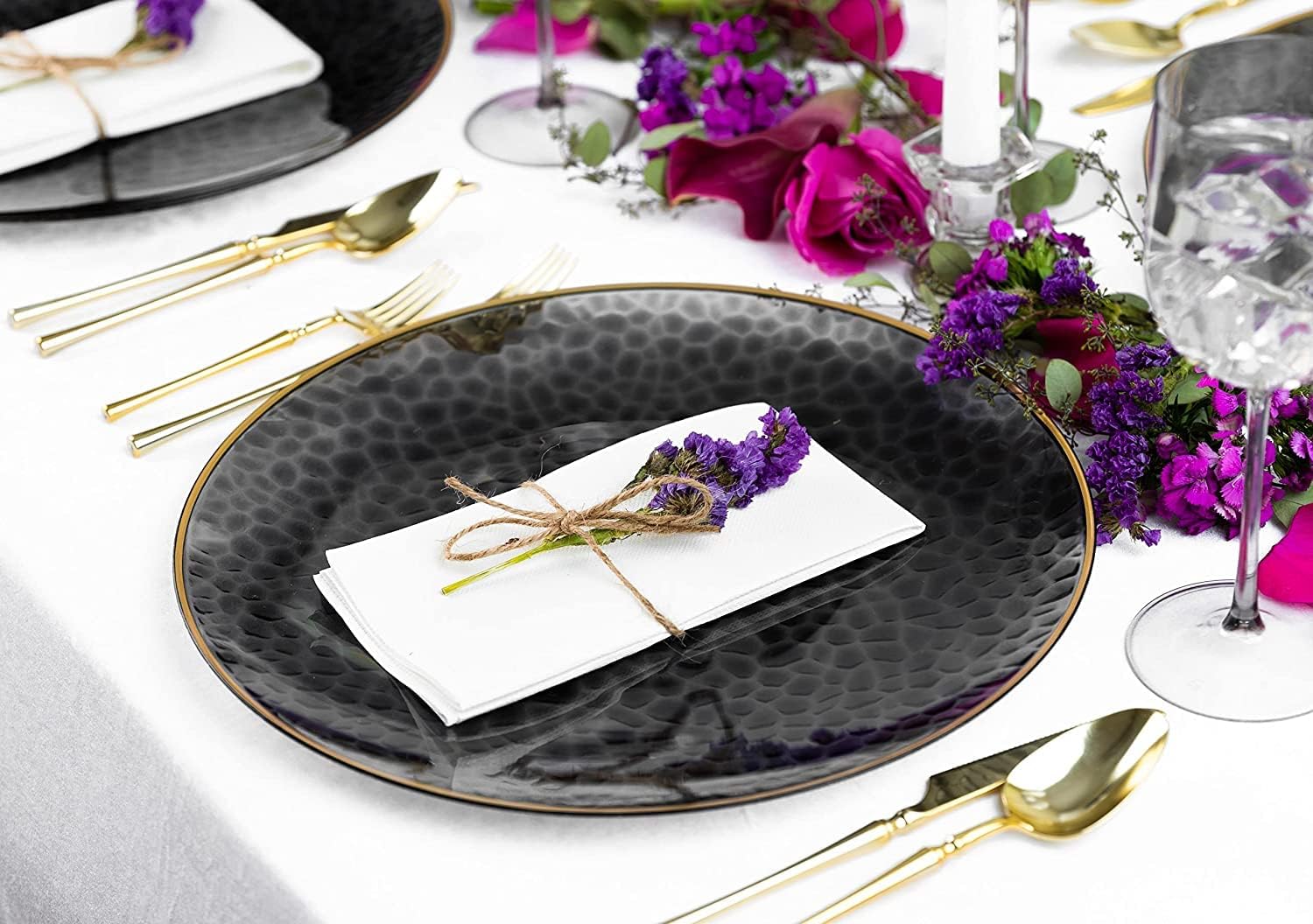 EcoQuality 7" inch Round Translucent Black Hammered Plastic Dinner Plates with Gold Rim - China Like Party Plates, Heavy Duty Large Disposable Charger Salad Plate Weddings, Serveware (10 PACK)