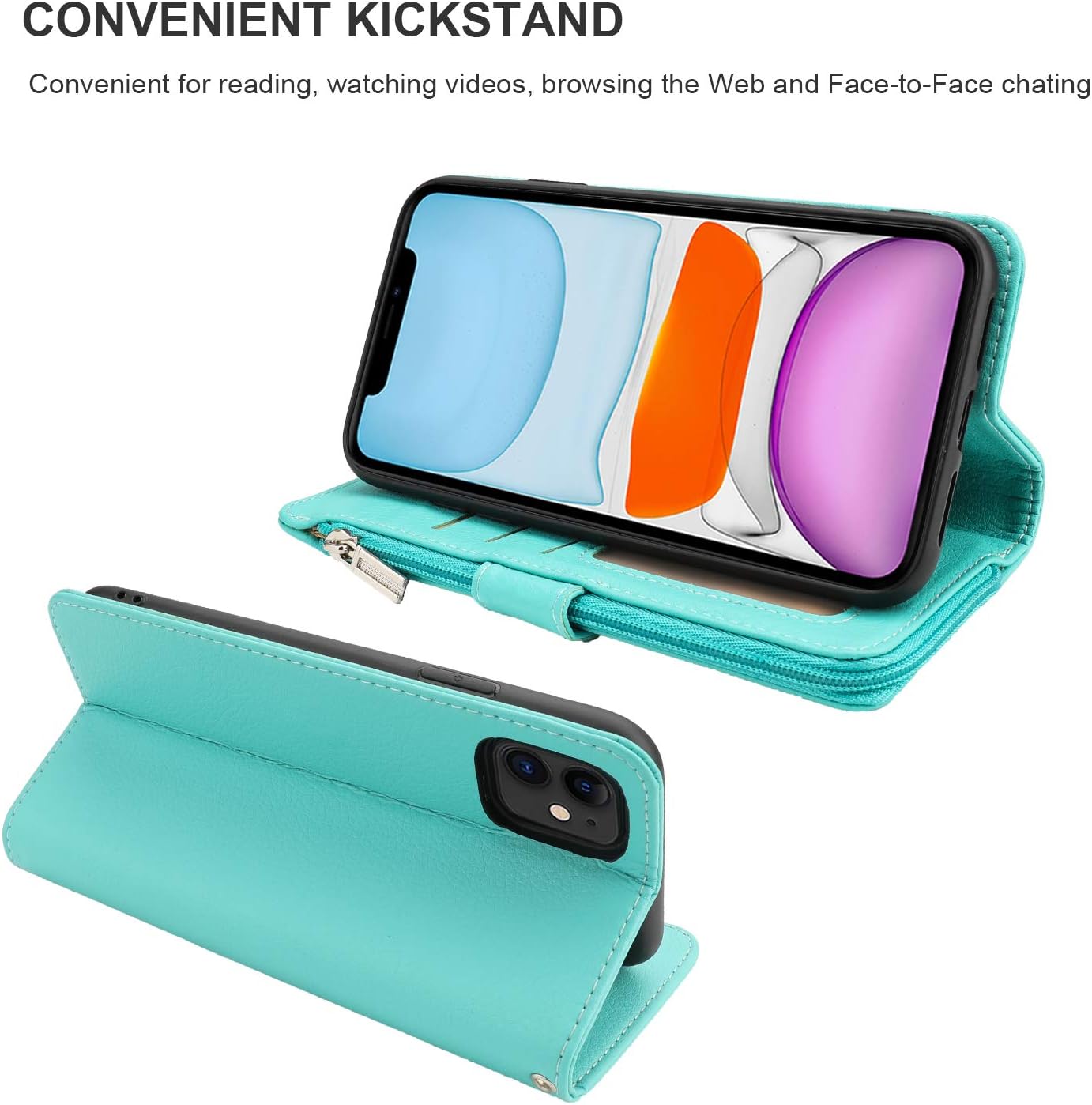 KIHUWEY Compatible with iPhone 12 Compatible with iPhone 12 Pro Wallet Case Leather Zipper with Card Holder and Wrist Strap,Kickstand and Protective Lanyard Purse Cover 6.1 inch Mint Green