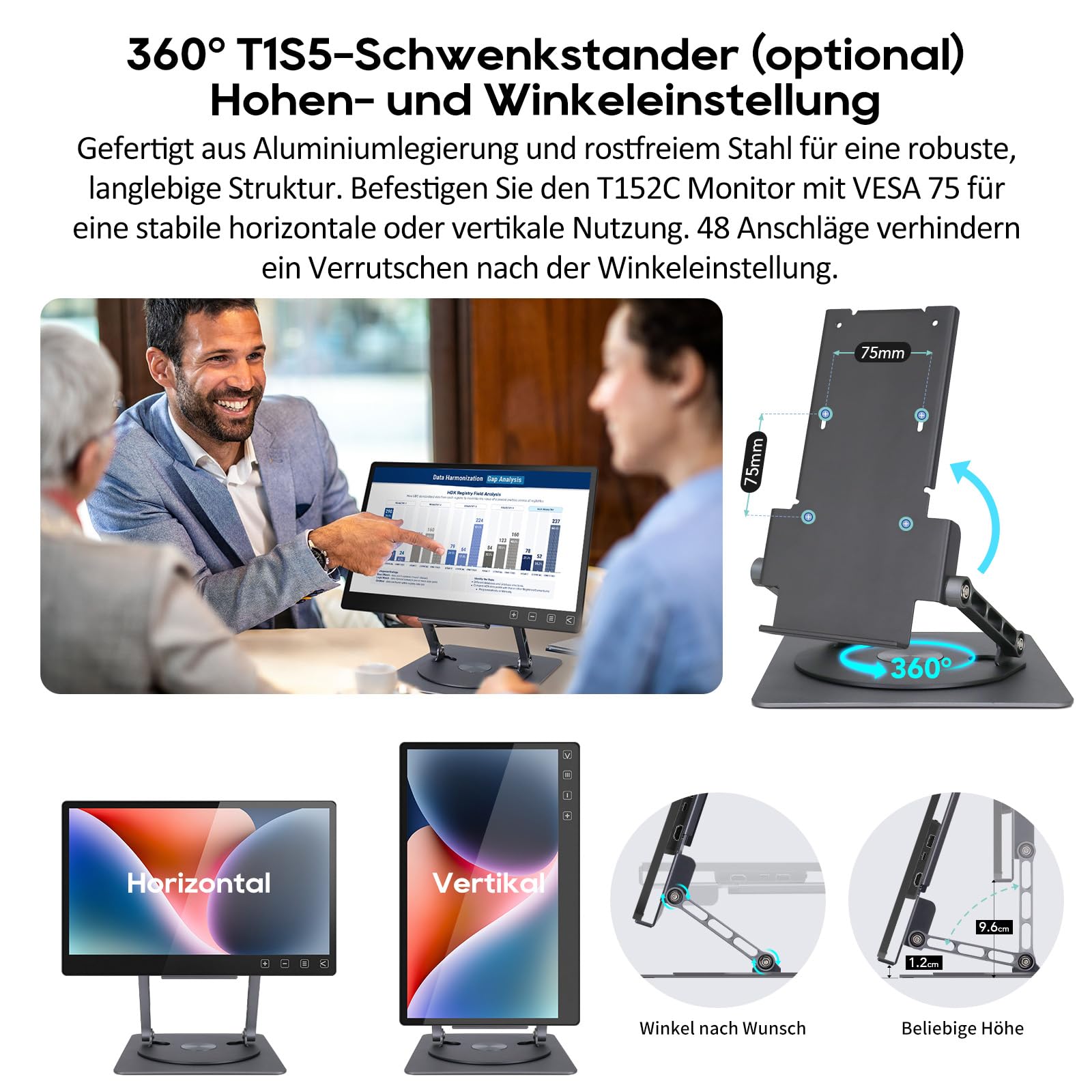 Gechic 15,6-calowy pojemnościowy ekran dotykowy monitor T152C, monitor KVM z 2 HDMI, 2 porty USB, monitor dotykowy FHD, ochrona przed odciskami palców, z VESA 75 x 75 do POS, kiosku, komputera
