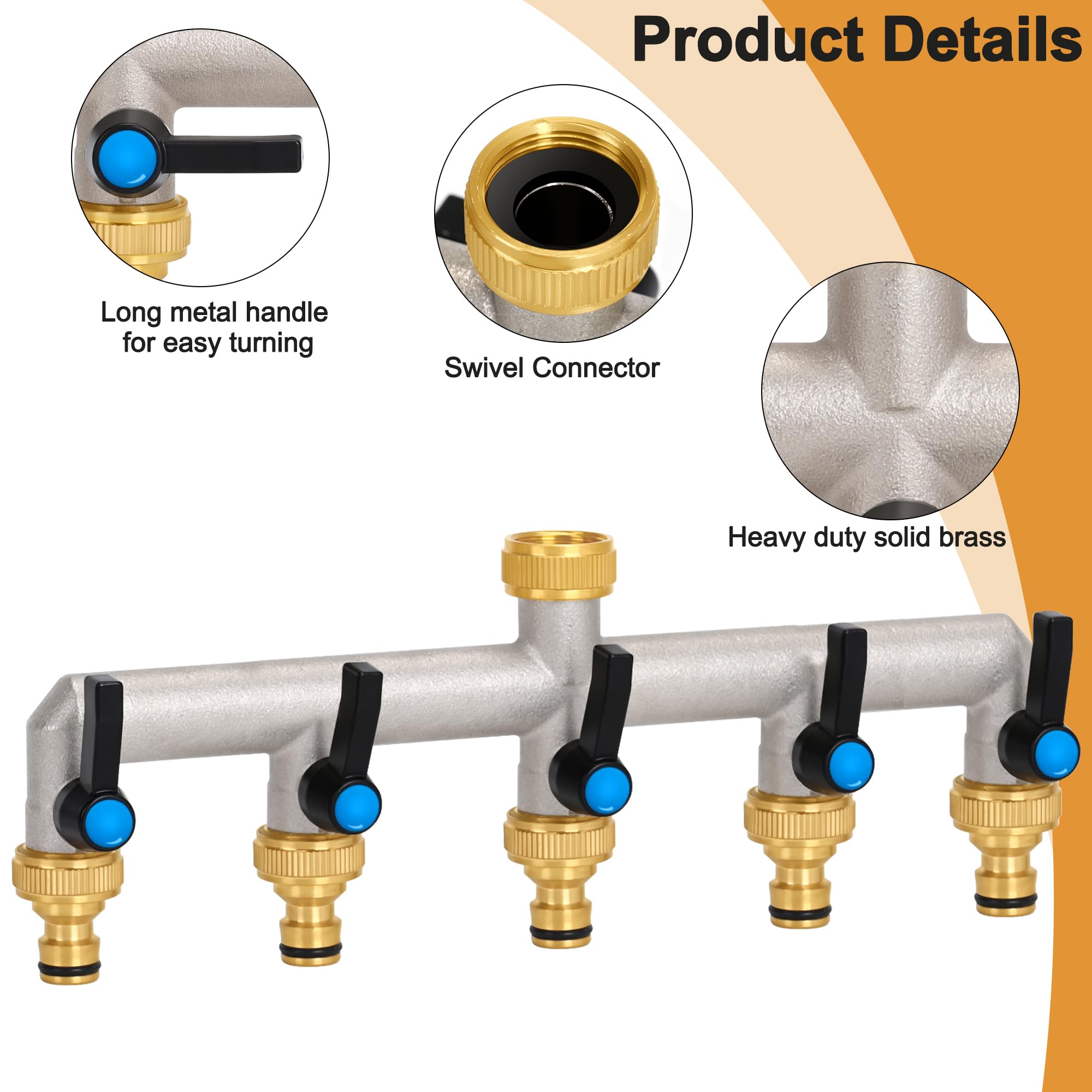 Distribuidor de agua para grifo de 5 vías, mango extendido, 3/4 pulgadas, latón de 3/4 pulgadas, distribuidor con válvulas de cierre individuales, distribuidor de 5 unidades, adaptador de