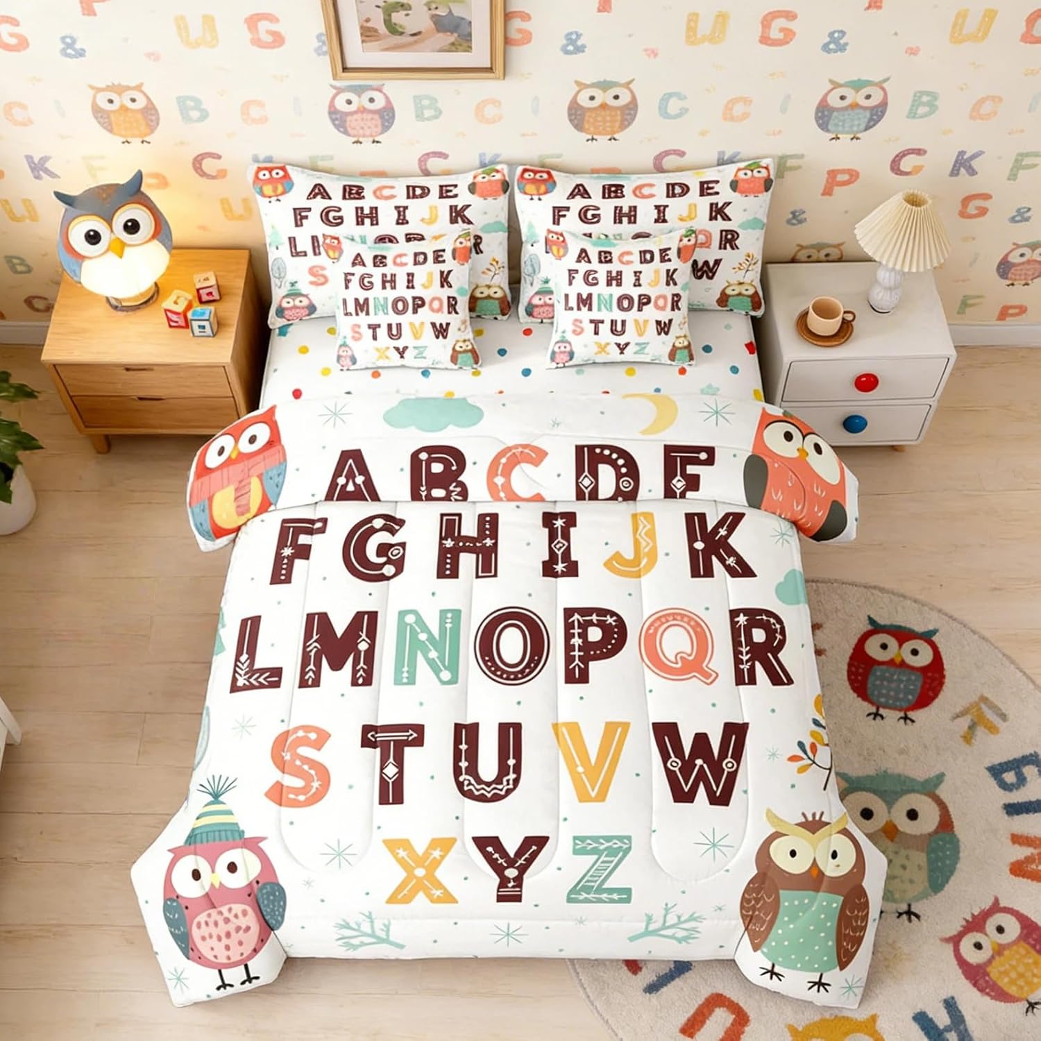 Feelyou Alphabet Kids ABC Learning Comforter Set with Sheets 7 Piece Twin Size Cartoon Owls Bedding Set for Kids Boys Girls Educational Nursery Art Bed in a Bag Wildlife Room Decor