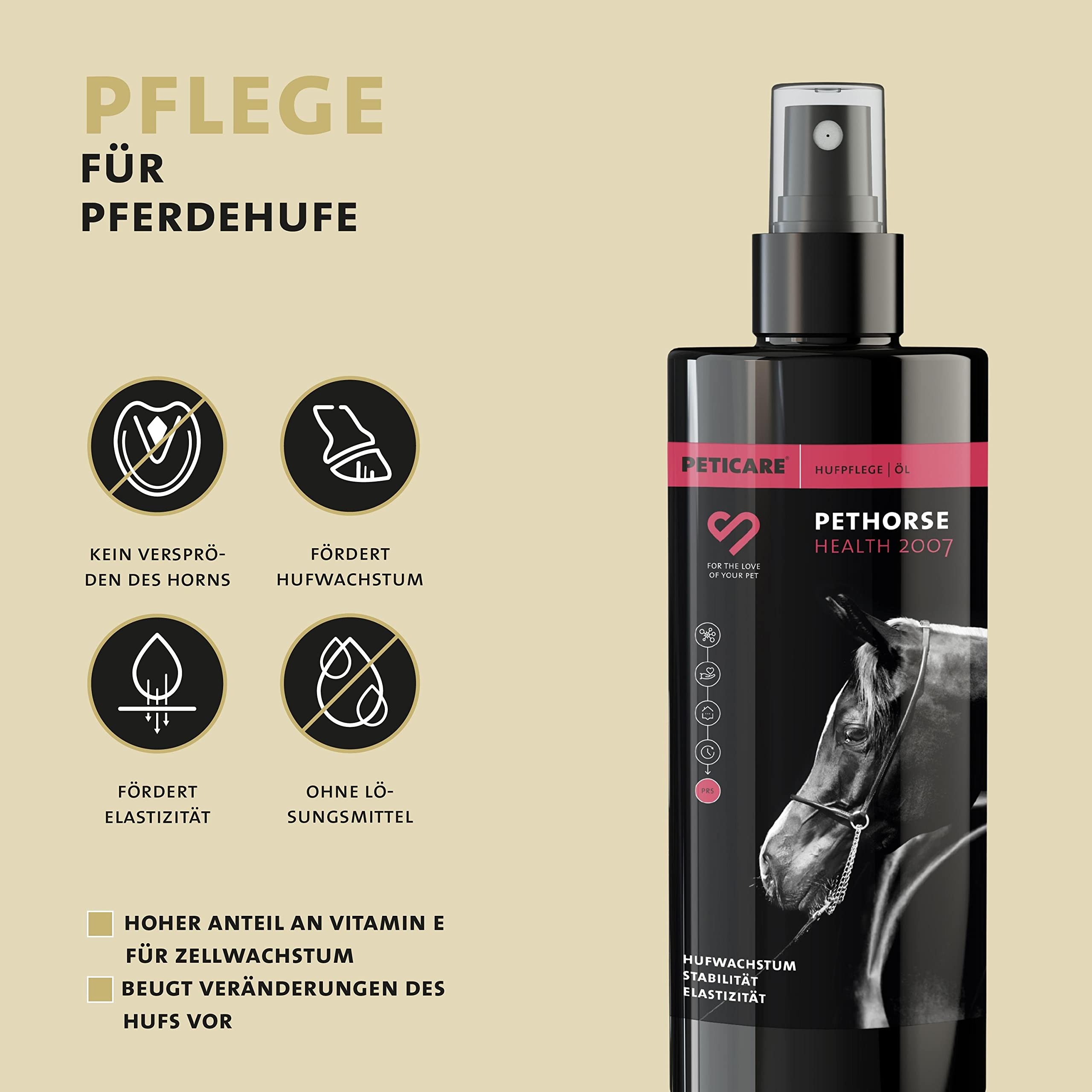 Peticare Huföl für Pferde | fördert nachhaltig Hufwachstum & Elastizität am Huf | gegen Verspröden, mit hohem Anteil an Vitamin E | einzigartiges PRS® System für Lange Wirkung – petHorse Health 2007