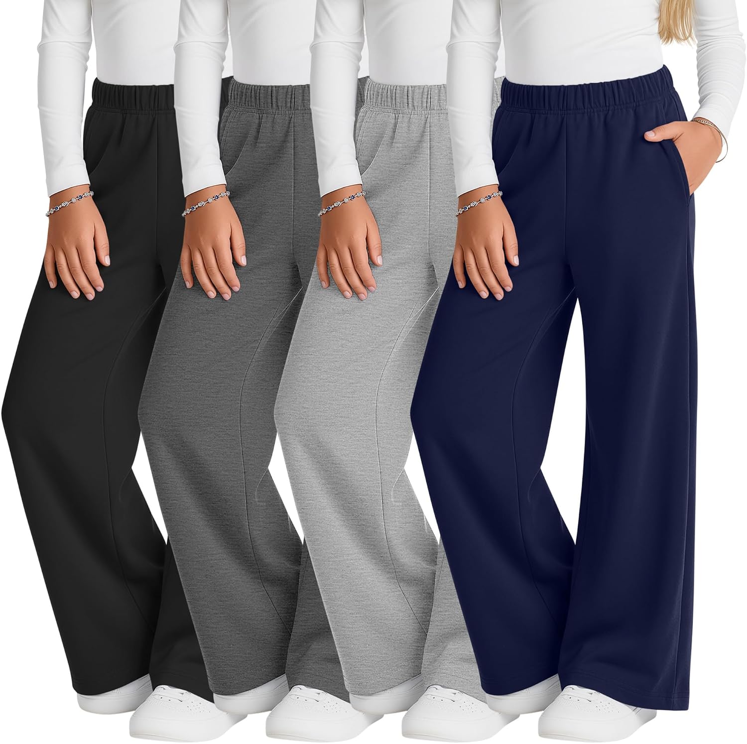 4 Pack Girls Wide Leg Sweatpants | for 5-16Y, Baggy, Tween School Pants, Open Bottom, Elastic Waist, Pockets, Soft, Athletic, Gym, Running, Casual, Trendy