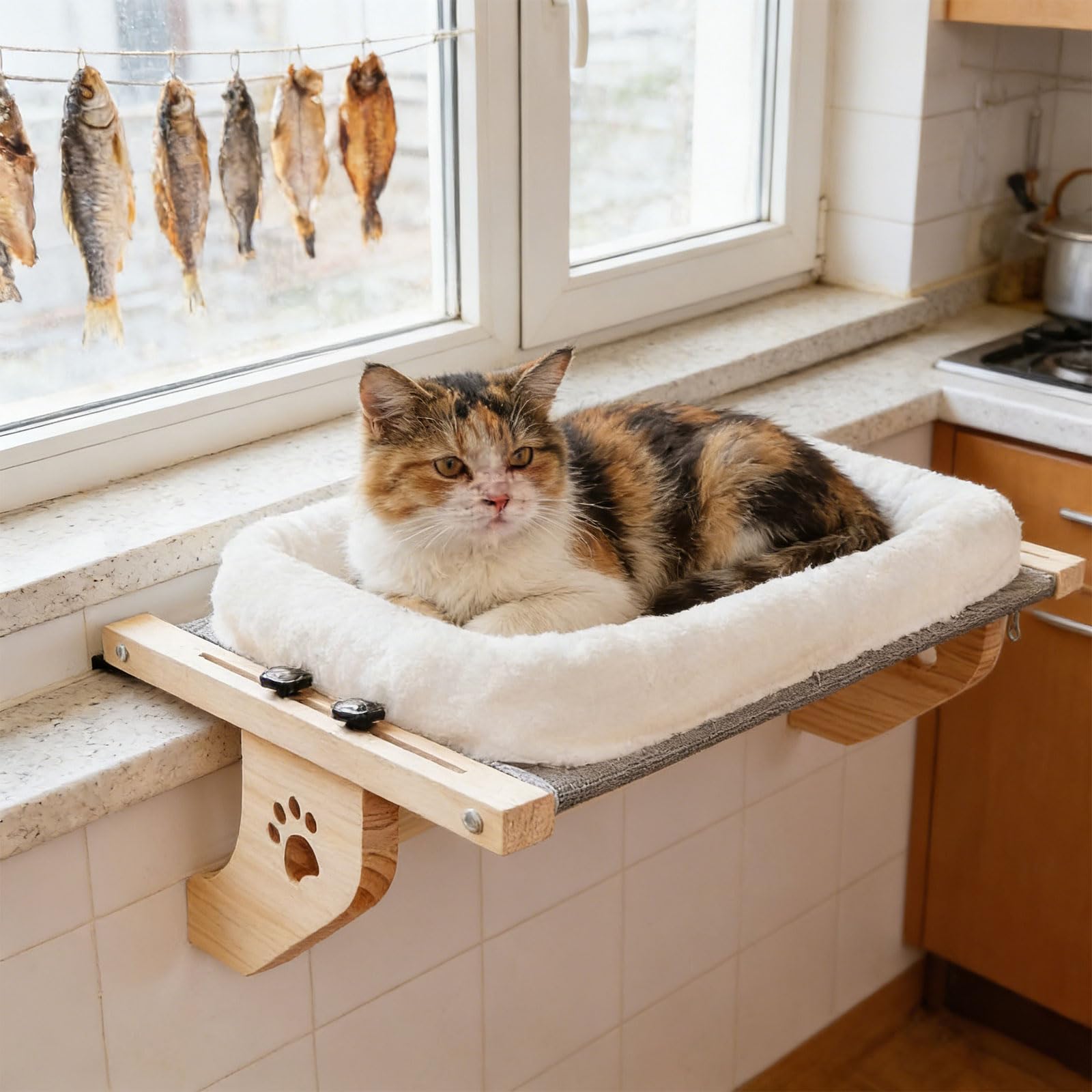 Hamaca para Gatos con Estructura de Madera y Metal, Cubierta extraíble y cálida, Cama Colgante para Ventana, Lavable para Comodidad de Mascotas, Cama Plegable para Gatos