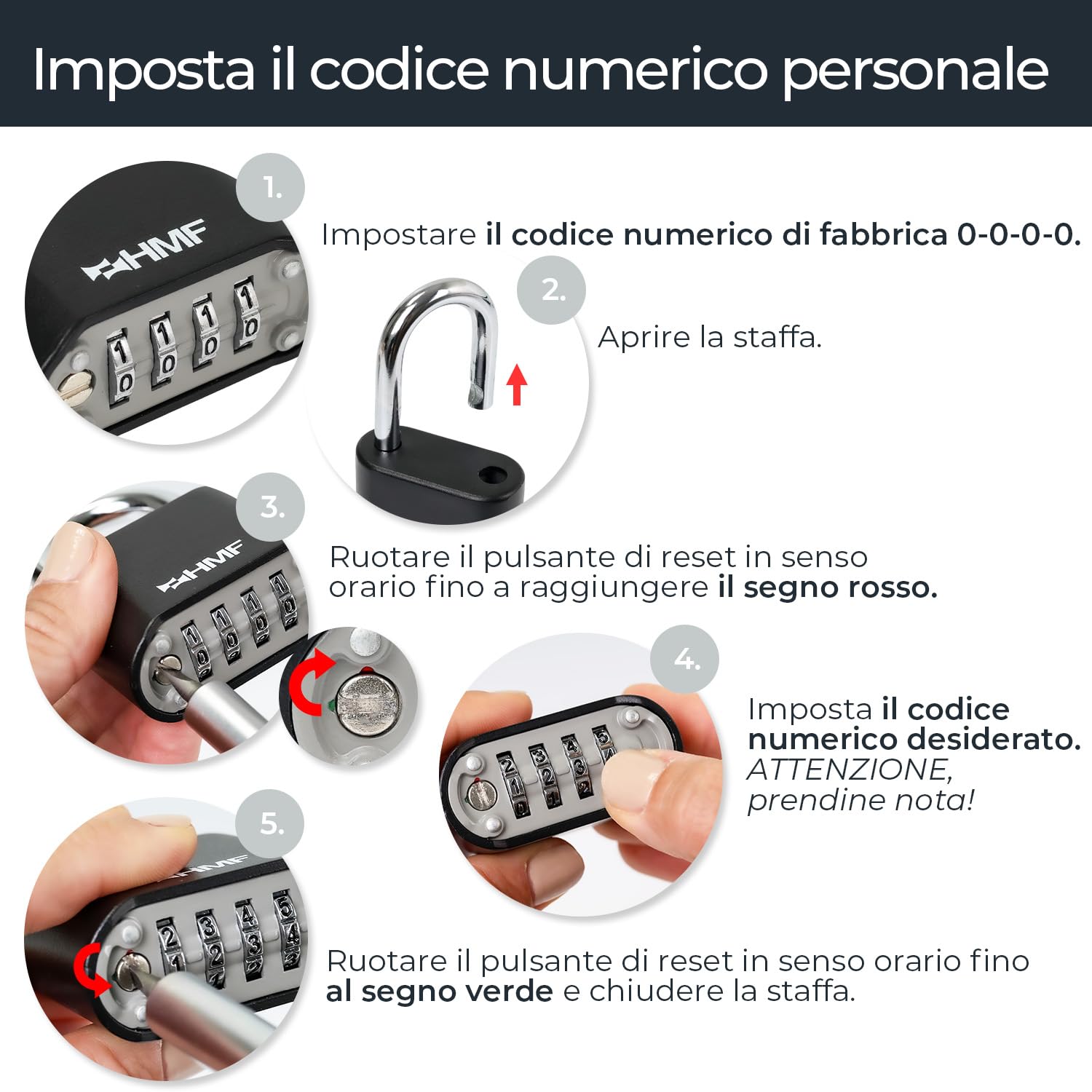 HMF Lucchetto a combinazione con codice a 4 cifre, Lucchetto robusto in lega di zinco | 5,3 x 2,4 x 7,8 cm | Nero