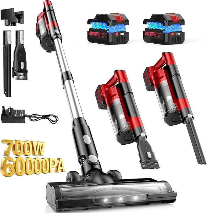 Cordless Vacuum Cleaners for Home with 2*Battery 8000mAh, Brushless Rechargeable