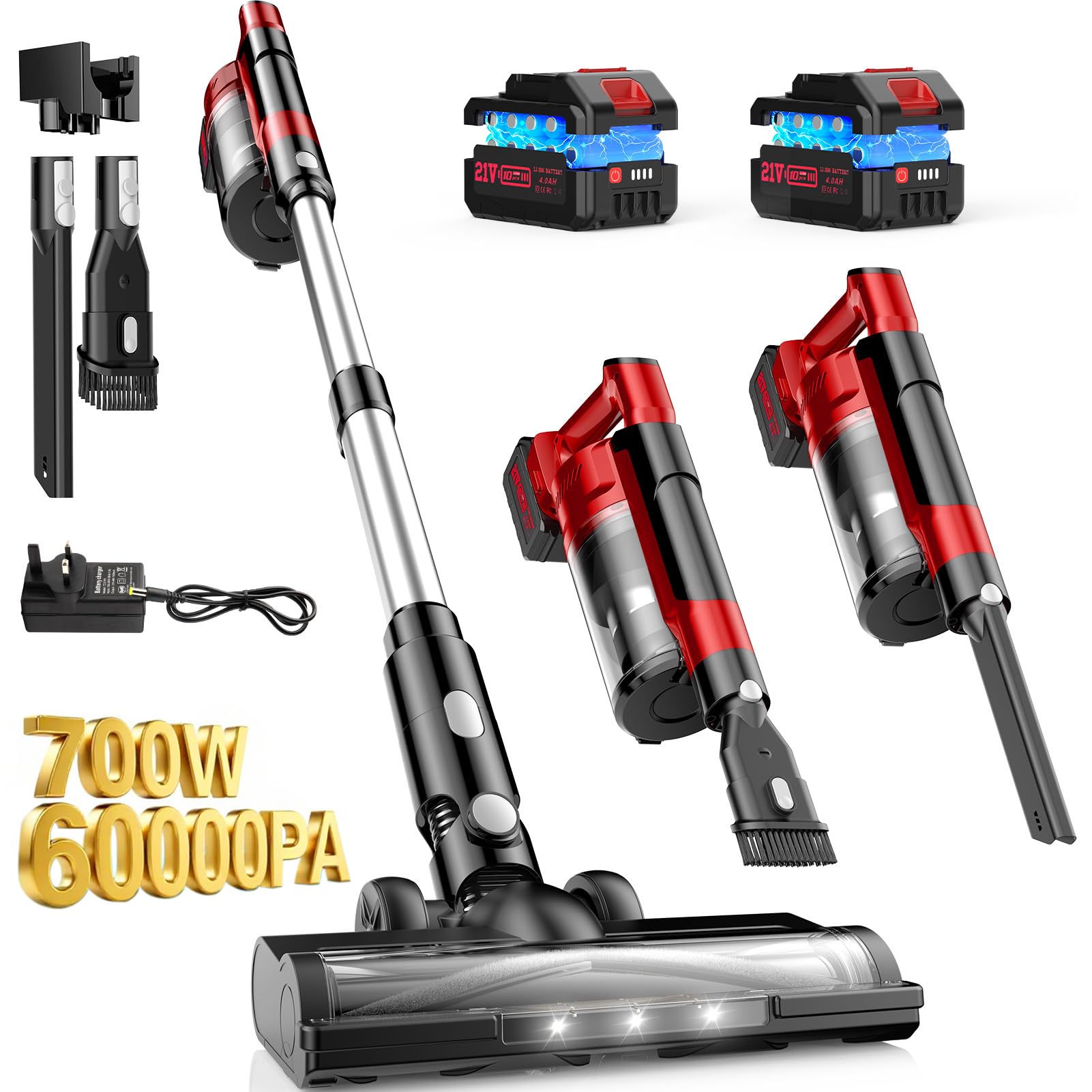Cordless Vacuum Cleaners for Home with 2*Battery 8000mAh, Brushless Rechargeable Stick Vacuum with 3 Mode, 6 In 1 Portable Handheld Cordless Vacuum for Pet Hair /Hardwood Floor/Dorm/Carpet (Red)