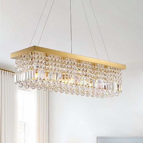 Miniatura 12 de Candelabros modernos de cristal para comedor, cocina, isla, lámpara rectangular de 8 luces para sala de estar, 39.4 pulgadas de largo, acabado Cromo