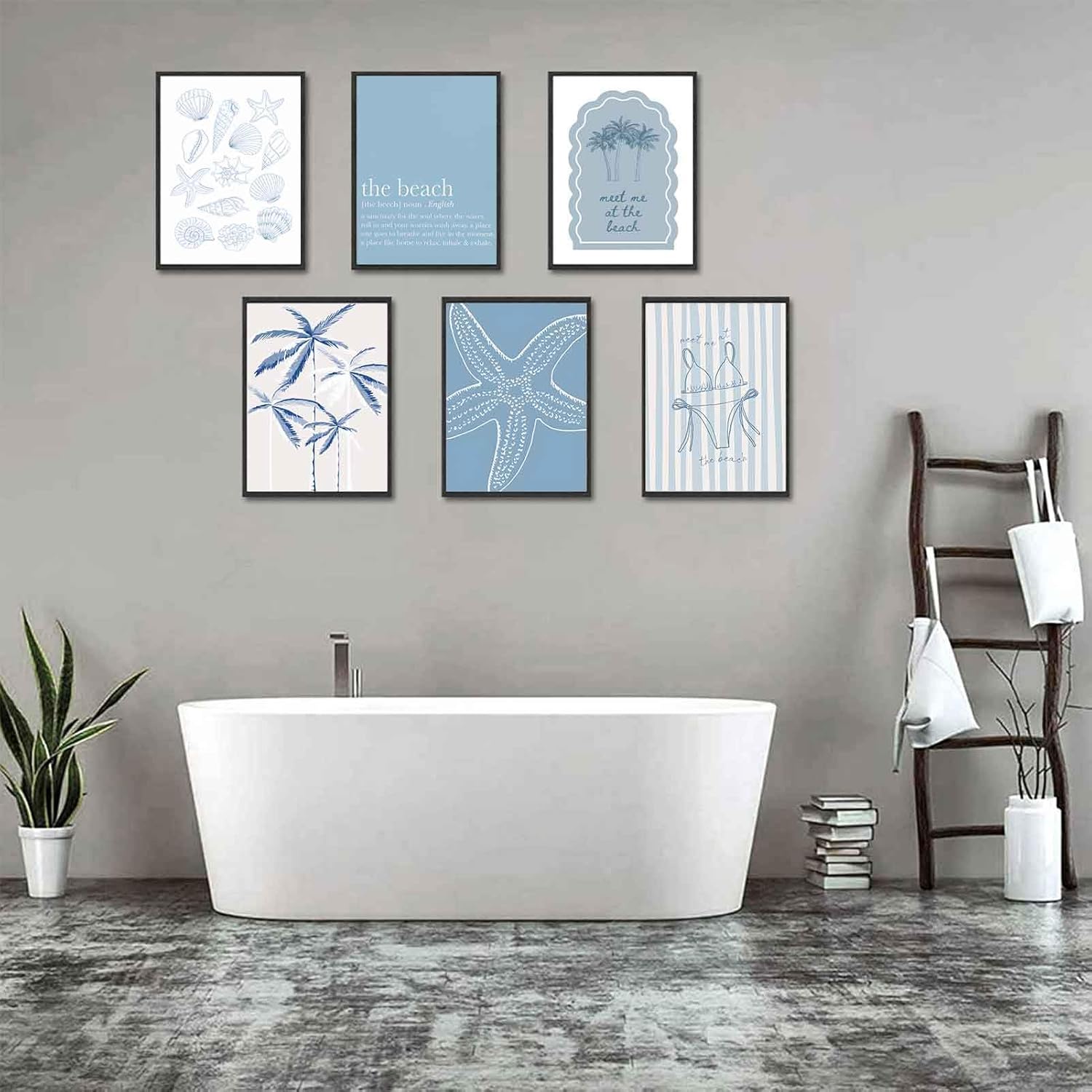 6Pcs Blue Coastal Wall Art Summer Beach Shell Wall Decor Pictures Light Blue Bikini Plant Starfish Posters Canvas Prints for Modern Shoreside Themed Home Decoration Bathroom Room Decoration Unframed