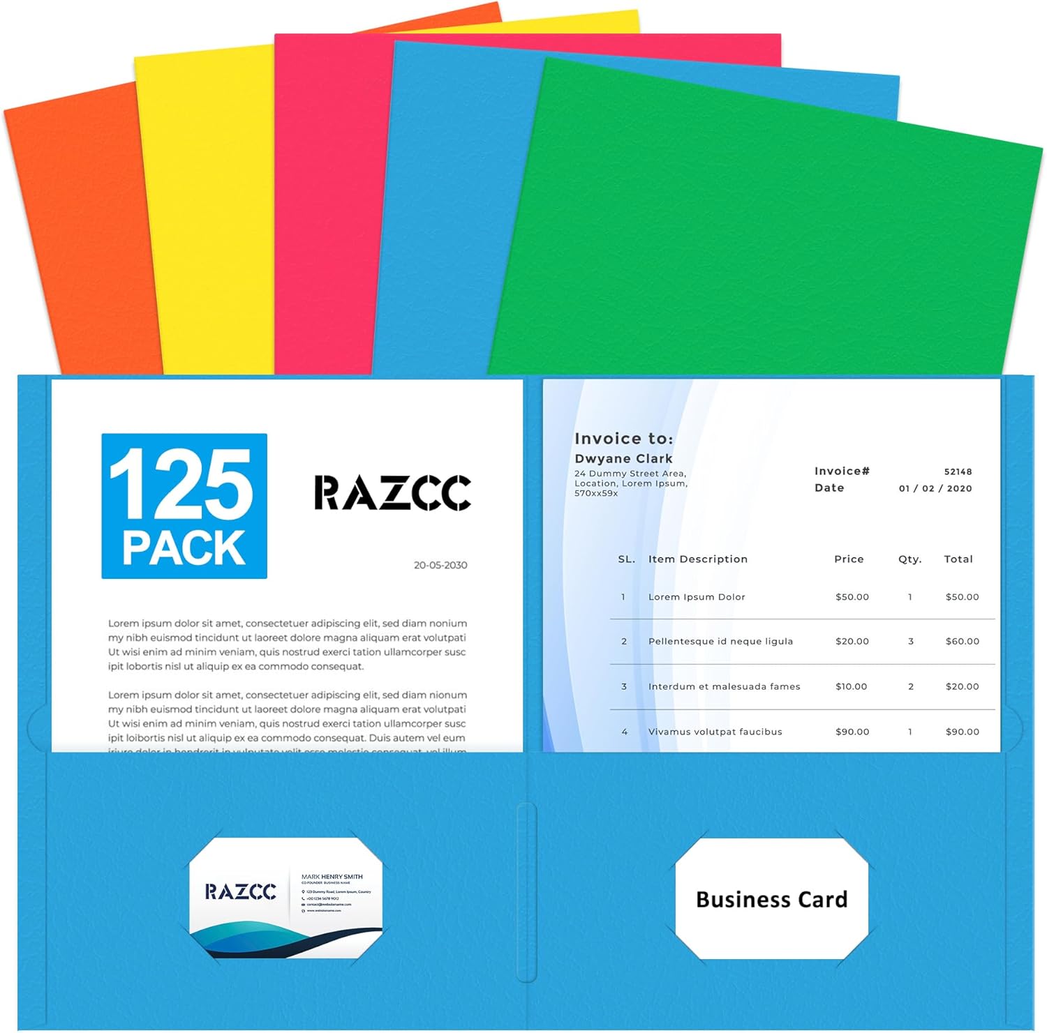Two Pocket Folders, RAZCC 125 Pack File Folders with Pockets Fit Letter Size Paper, Thick Paper File Folder for School Office Business Home, Assorted 5 Colors
