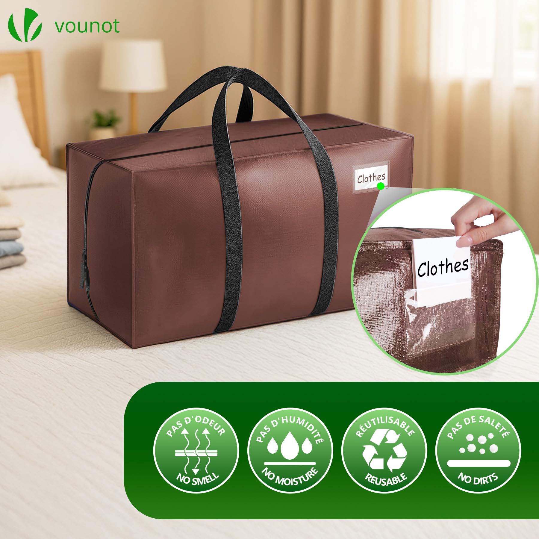 VOUNOT® Pack de 10 Bolsas de Mudanza Grandes con Asas y Correas de Mochila, Bolsas de Almacenamiento Resistentes para Guardar Ropa y Embalar, Marrón