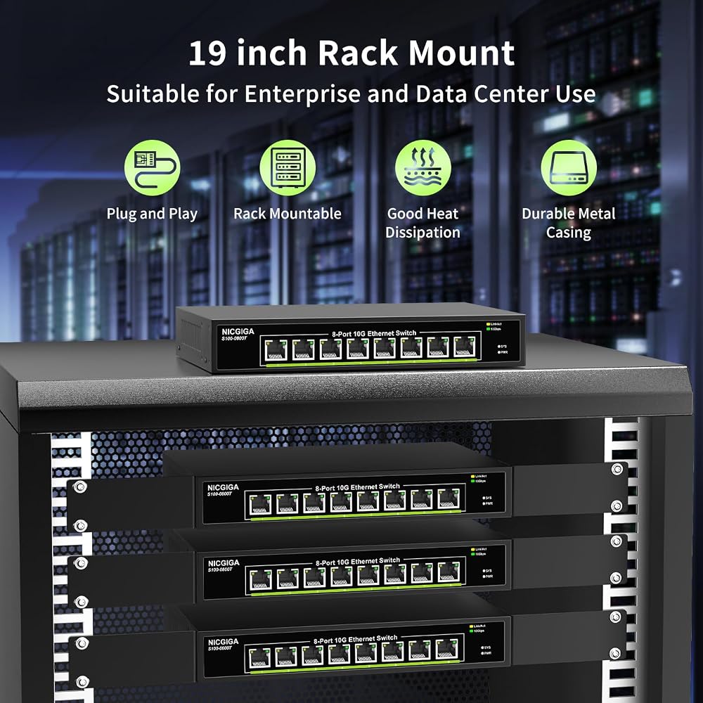 8 Port 10G Ethernet Switch Unmanaged,with 8X 10Gb Base-T Ports, NICGIGA 10Gbps Network Switch Easy for 10G NAS,PC,WiFi7 Router,10G Adapter/NIC. Desktop or 19-inch Rack Mount, Plug and Play.