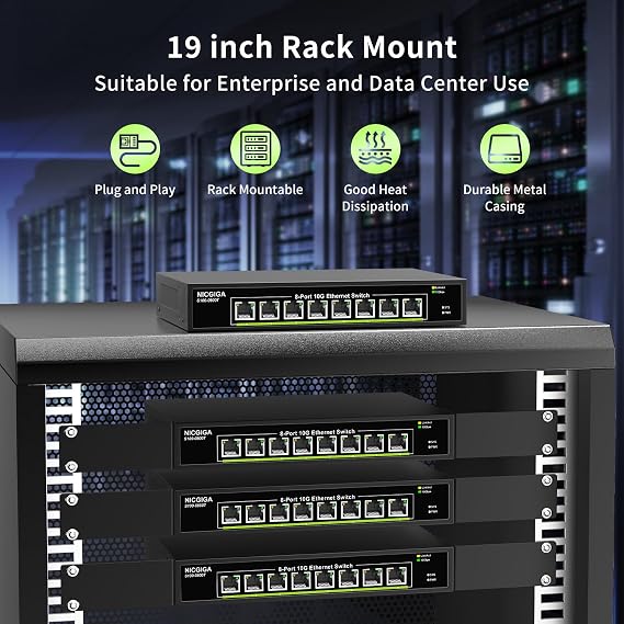 8 Port 10G Ethernet Switch Unmanaged,with 8X 10Gb Base-T Ports, NICGIGA 10Gbps Network Switch Easy for 10G NAS,PC,WiFi7 Router,10G Adapter/NIC. Desktop or 19-inch Rack Mount, Plug and Play.