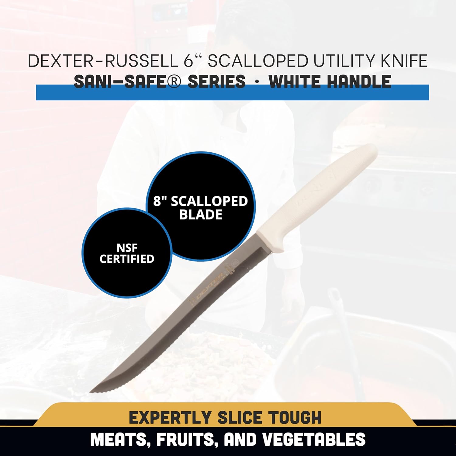 Dexter-Russell S158SC-PCP Sani-Safe 13483 Utility Slicer, 8" Scalloped Edge Stamped High Carbon Stain-Free Steel Blade, Textured Polypropylene White Handle, Serrated Kitchen Knife, NSF Certified