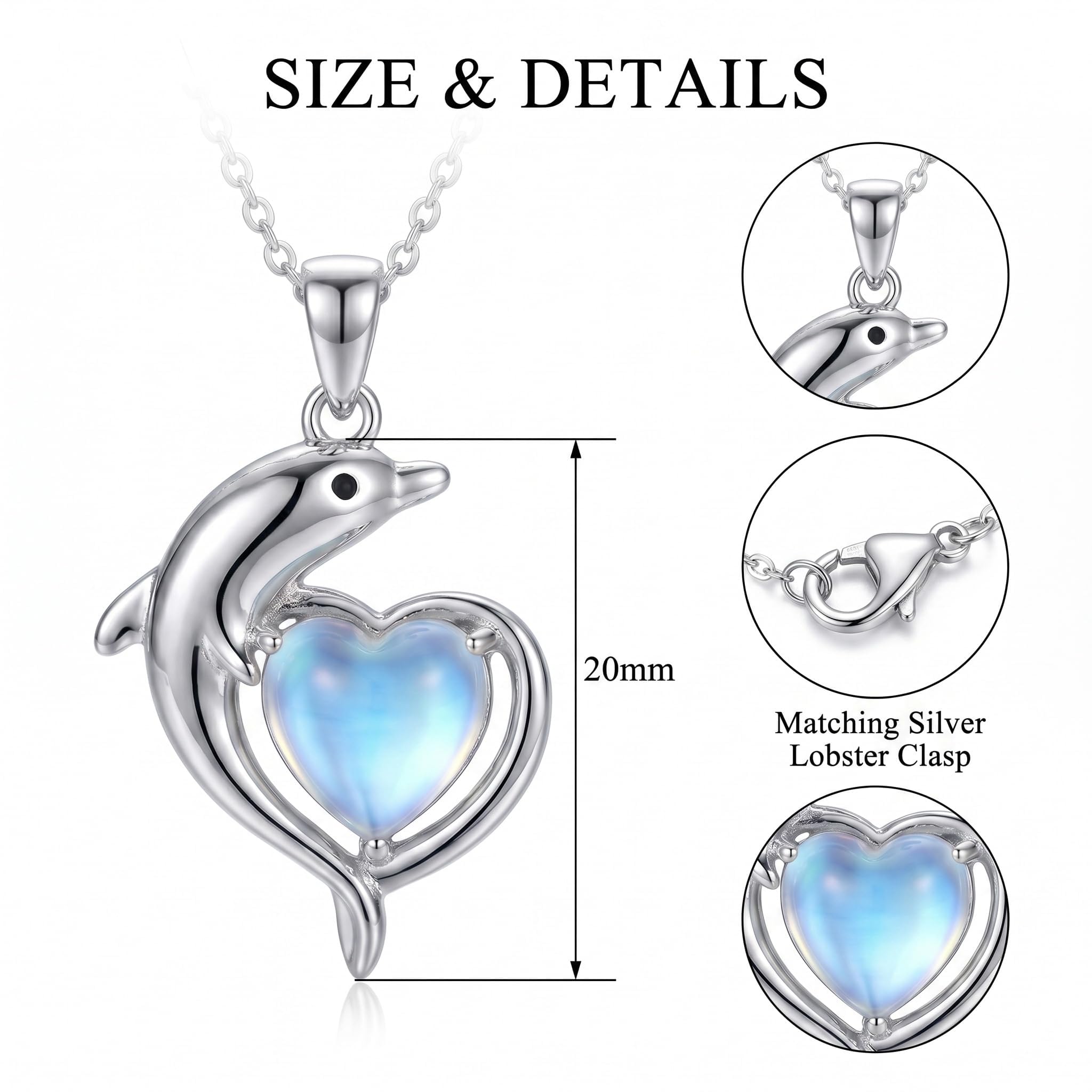 Mondstein Delfin Herz Halskette Damen 925 Sterling Silber Ozean Delfin Anhänger mit Herzförmigem Mondstein Schmuck Geschenk für Frauen Geburtstag Jubiläum