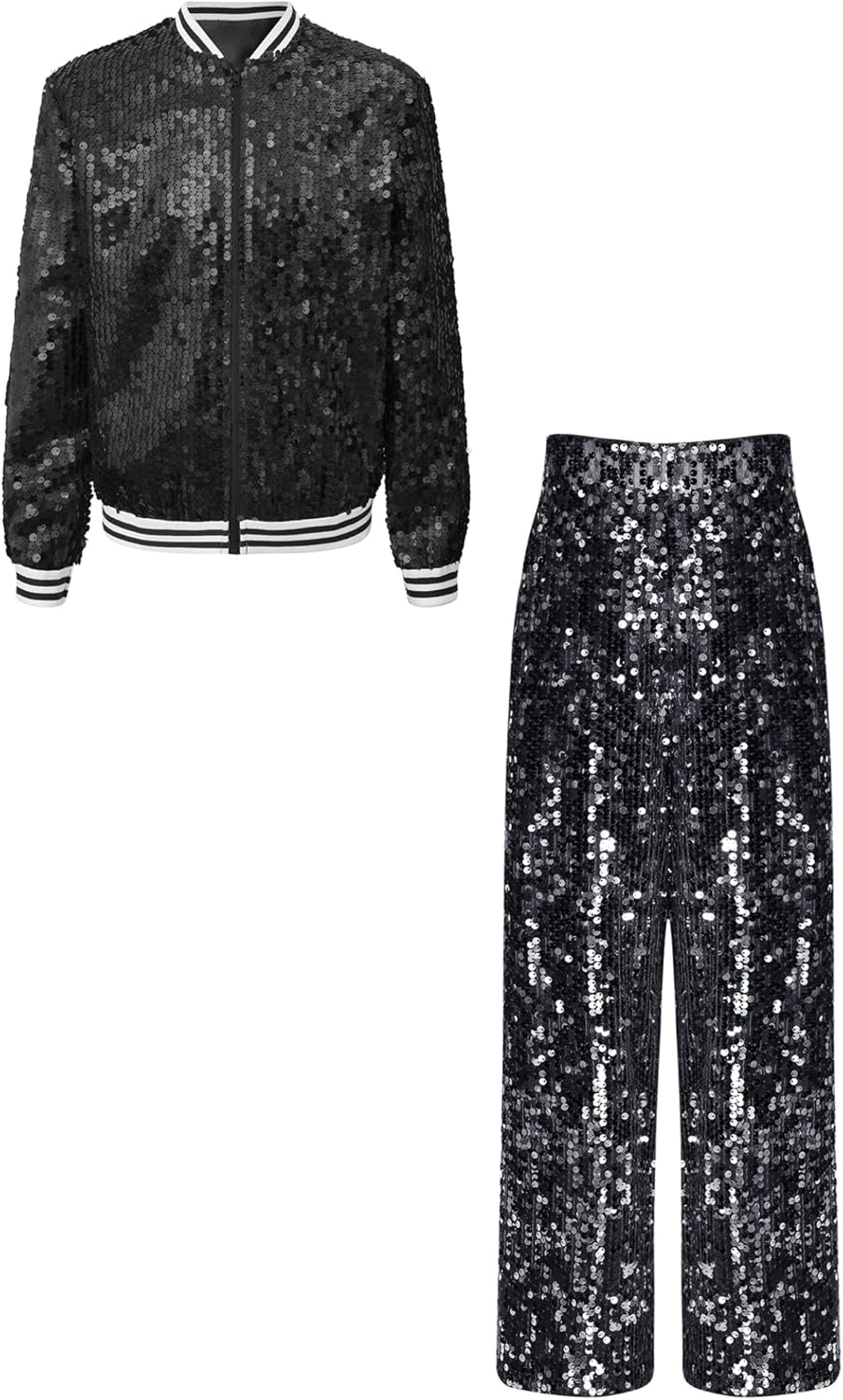 Sywiyi Girls Sequin 2 Piece Outfit Sweatsuit Zip up Bomber Jacket and Wide Leg Sweatpants Dancing Clothing Sets Black 12 Years