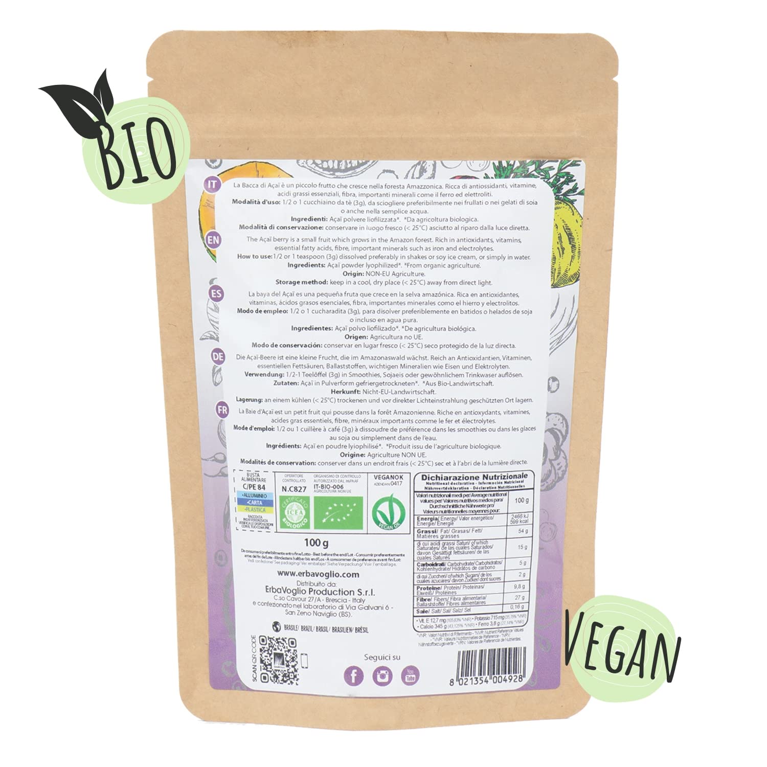 Erbavoglio Polvere di Acai Bio - 100 g - Alimento biologico - Ricca di antiossidanti, supporta il metabolismo e la salute della pelle.