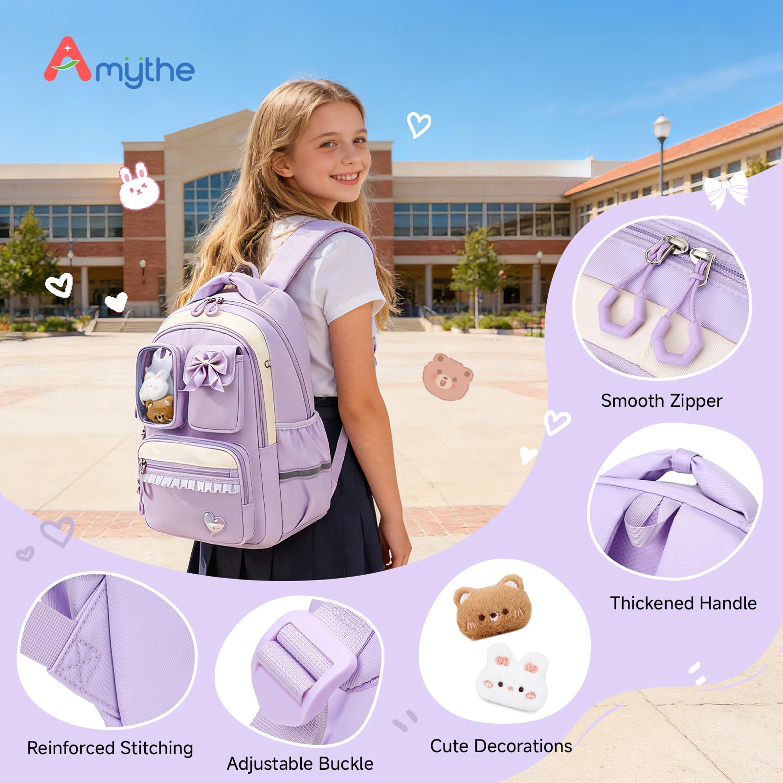 Amythe Schultasche Mädchen Rucksack Kinder, 4-teilig Schulrucksack-Set Atmungsaktiv für Mädchen, Lässiger Schulranzen mit Lunchpaket Mäppchen und Umhängetasche, Lila
